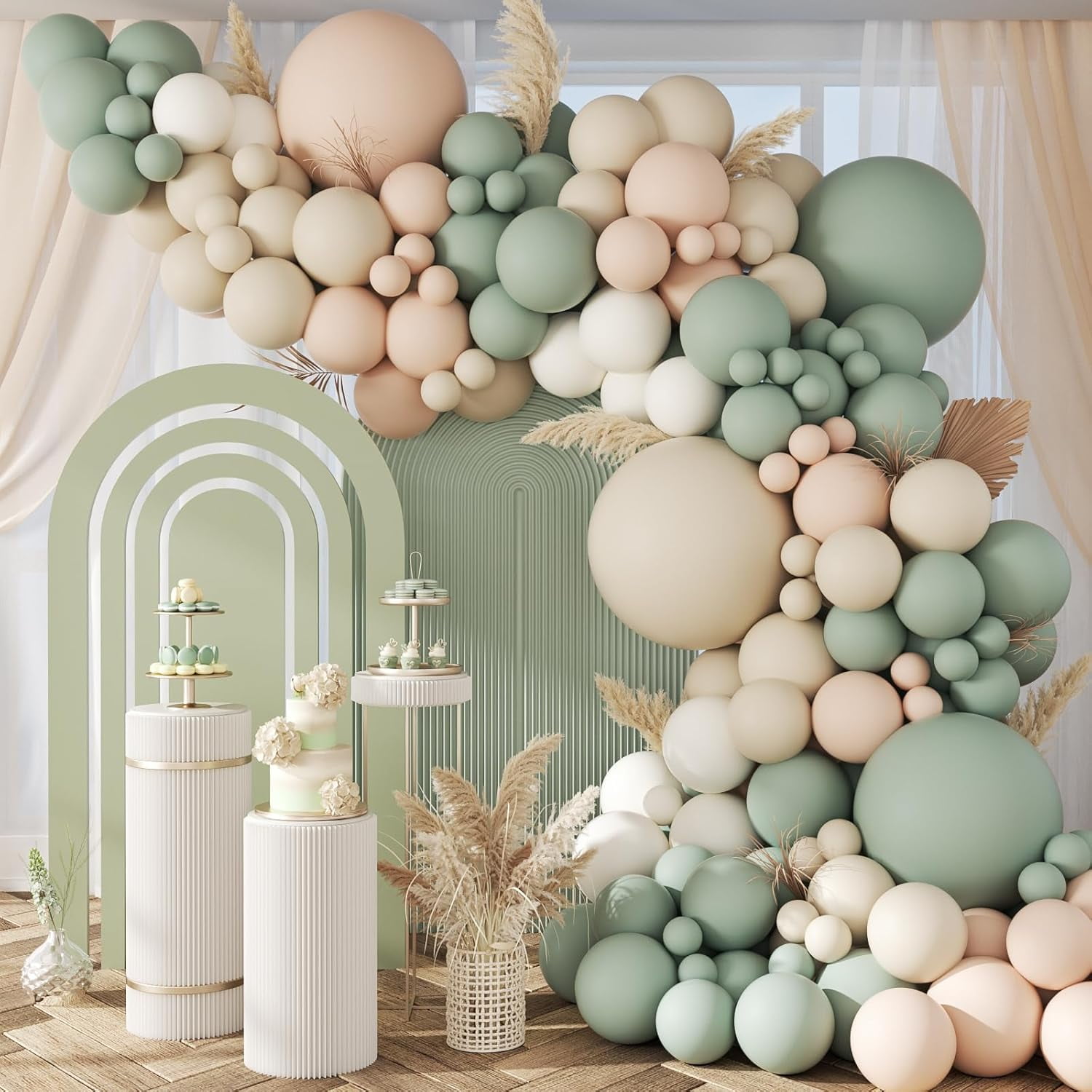 Generic Neutral Balloon Arch Kit for Party Decorations (Sage Green, Sand, White, 100 Count) 7kvkr