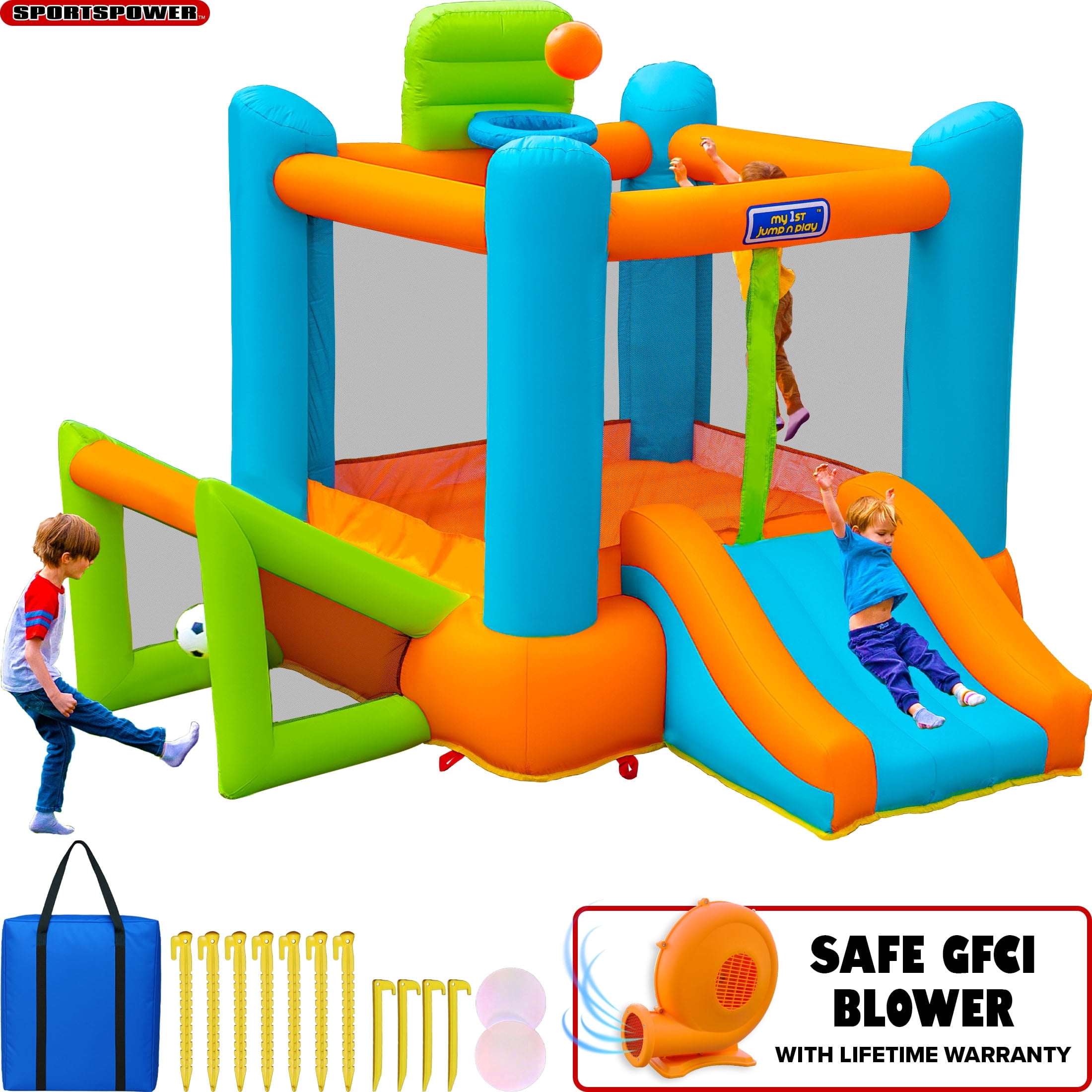 Sportspower My 1st 4-in-1 Inflatable Bounce House with Blower, Soccer Goal & Basketball Hoop (Multi-Color, 1 Unit) 1cwn7