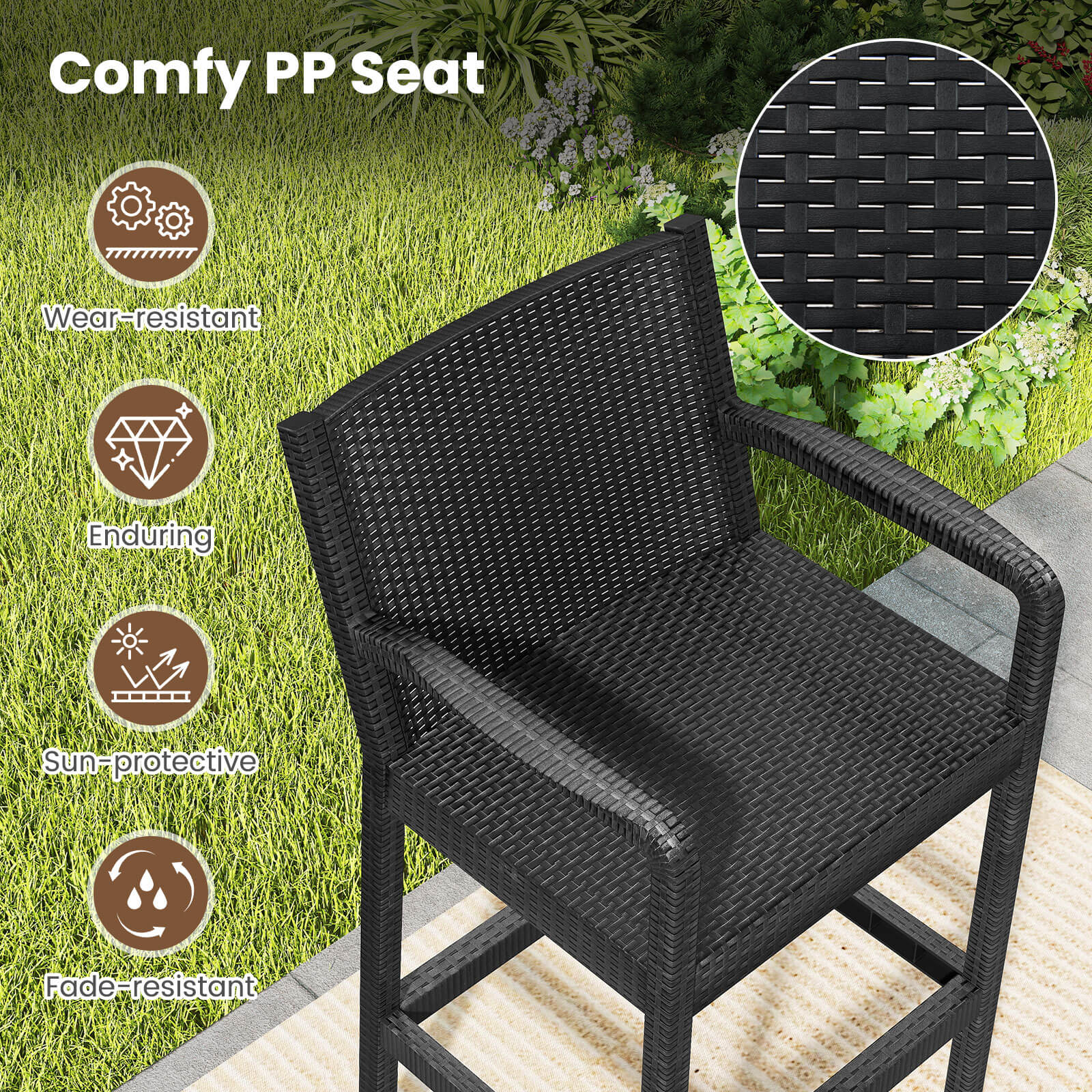 Costway 3-Piece Patio Bar Set with 2 Stools and 1 Bar Table (Black, 3-Piece Set) lf7dt