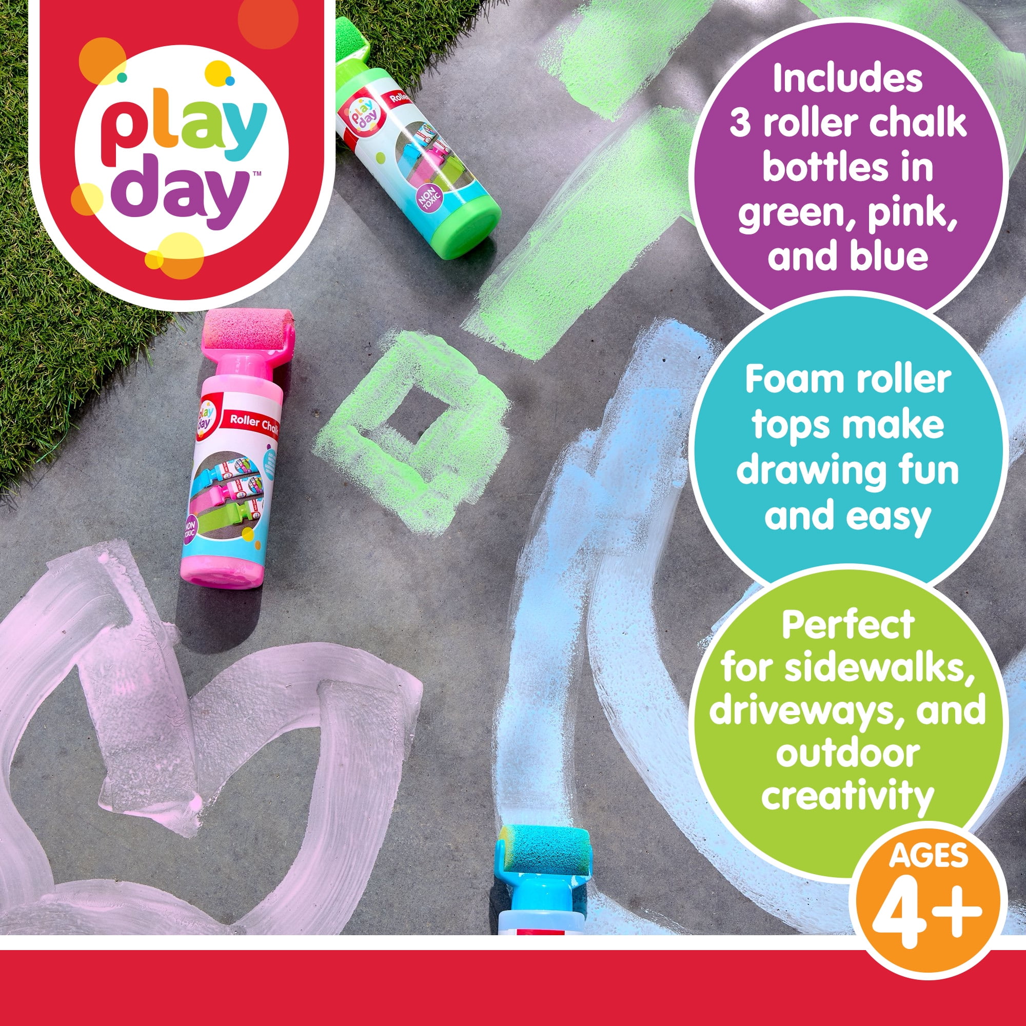 Play Day Roller Chalk Set, Outdoor Sidewalk Drawing Activity (Green, Pink, Blue, 3 Count) pw77i