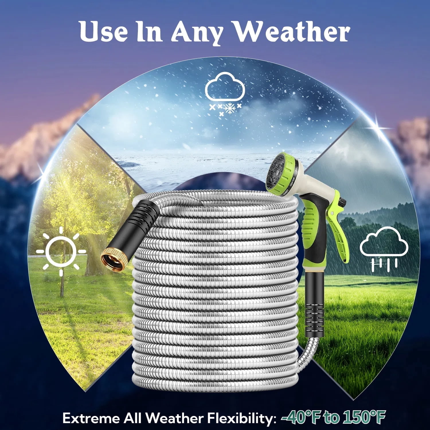 Teblint 304 Stainless Steel Garden Hose, Heavy-Duty Flexible Water Hose with 10-Function Nozzle (Silver, 50 ft) ij93i