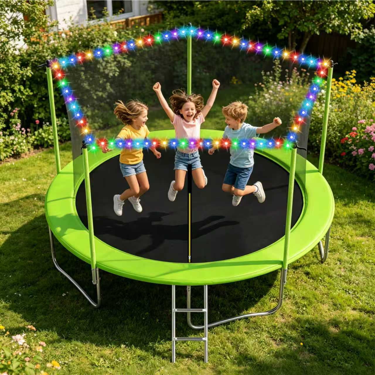 Ovatoys 14ft Recreational Trampoline with Safety Enclosure, Basketball Hoop, Ladder, and LED Lights (Green, 1400 lb Capacity) 3g0xs