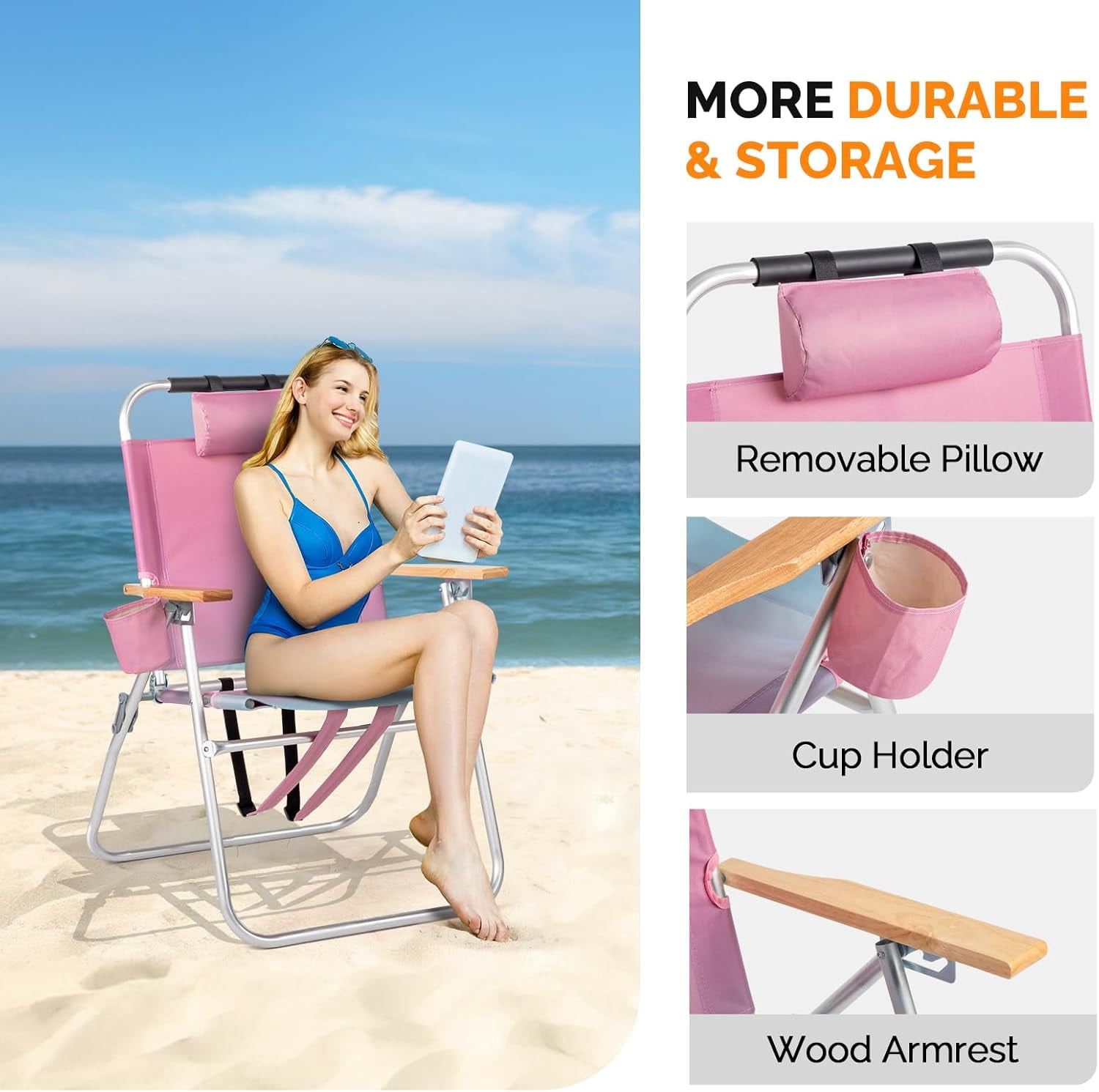 PEXMOR Portable Aluminum Beach Chair, 3-Position Reclining Backpack Chair with Cup Holder (Pink, 17 in Seat Height) ypuff