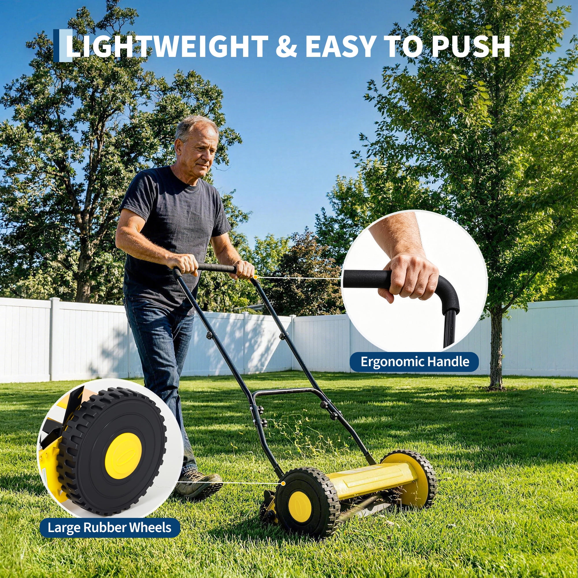 GIMMYFIVE Manual Reel Lawn Mower, 5-Blade Push Mower with Adjustable Cutting Height (16 in) jnfci