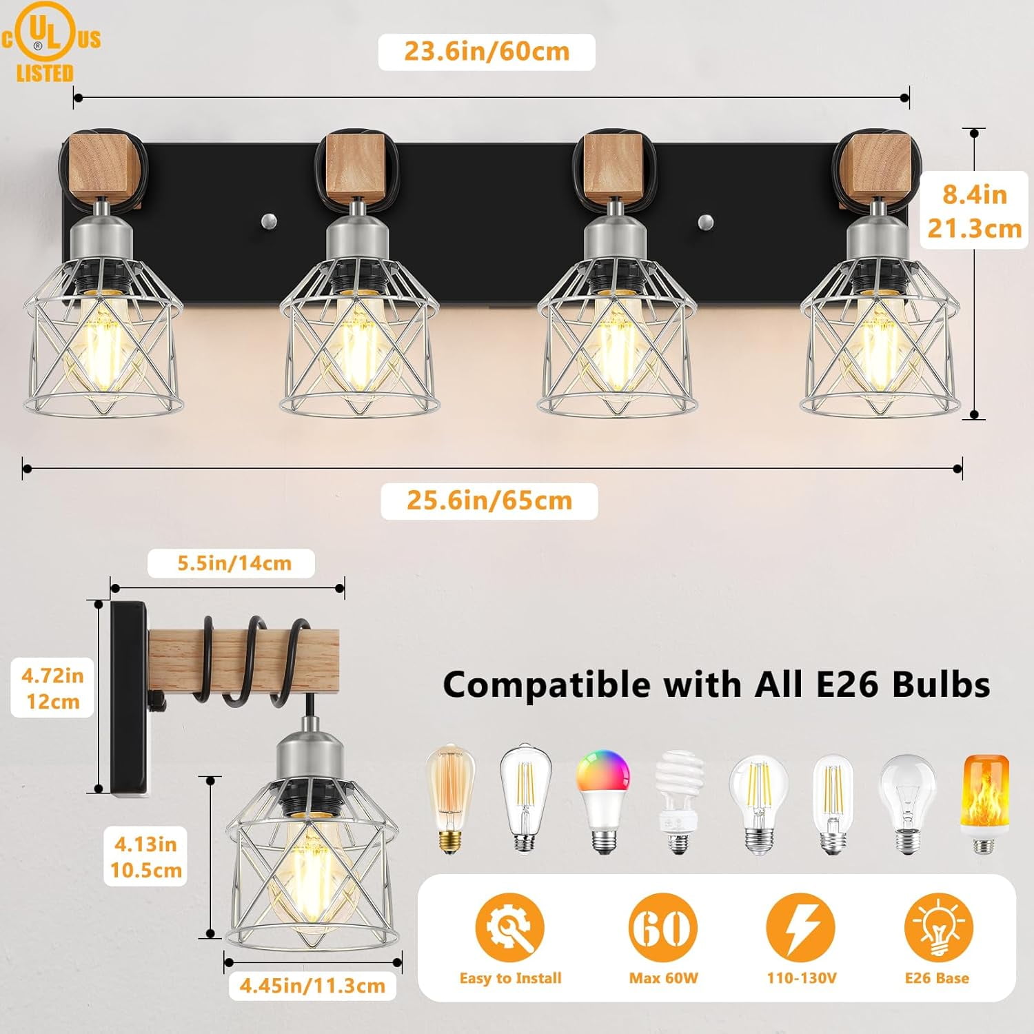 Licperron 4-Light Farmhouse Vanity Lighting, Rustic Wood and Metal Cage Wall Sconce (Black, 25.6 in) 4tl37