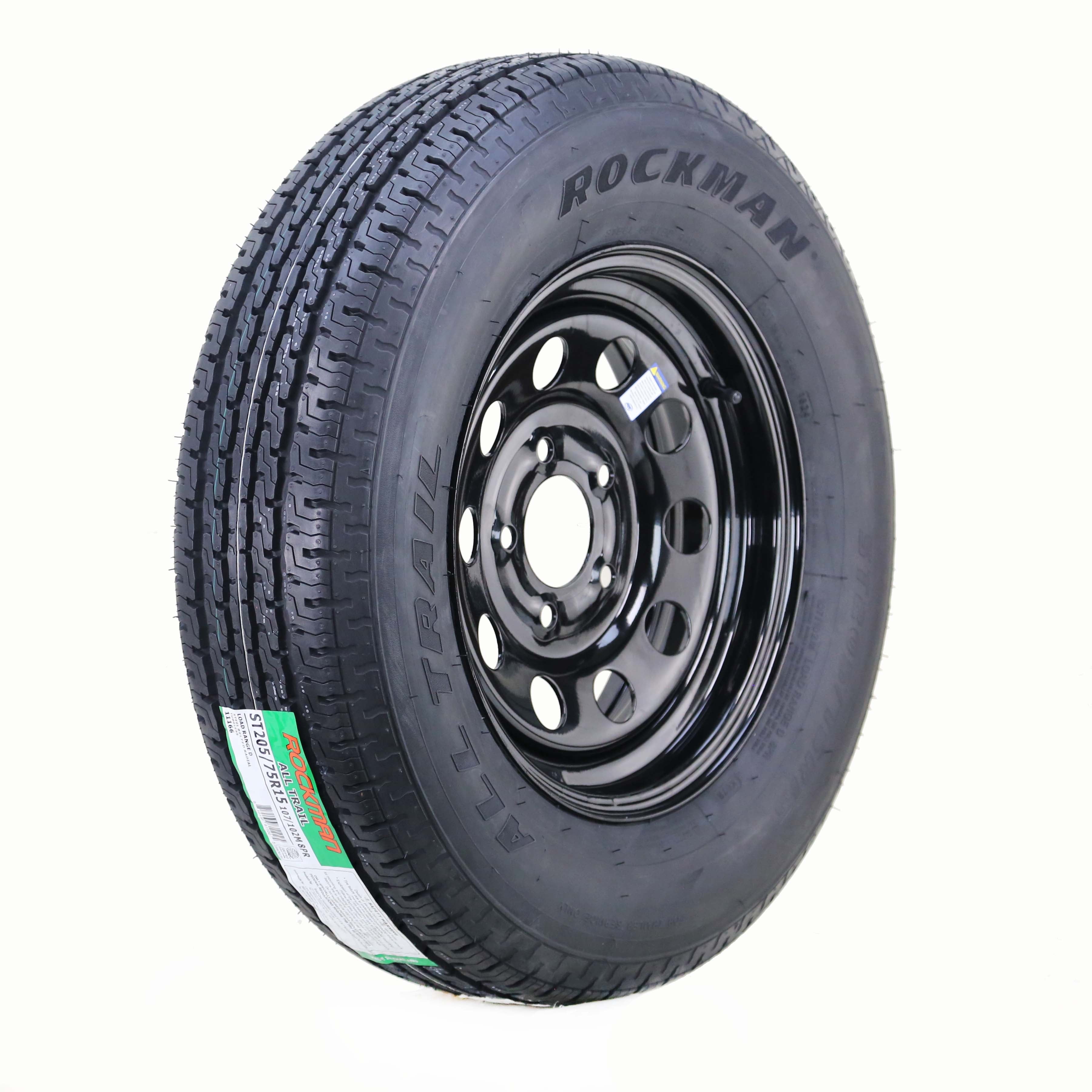 ROCKMAN Trailer Tire and Wheel Assembly (ST205/75R15, 8-Ply, 5 Lug on 5 in PCD, Black Mod Rim) dq7i2