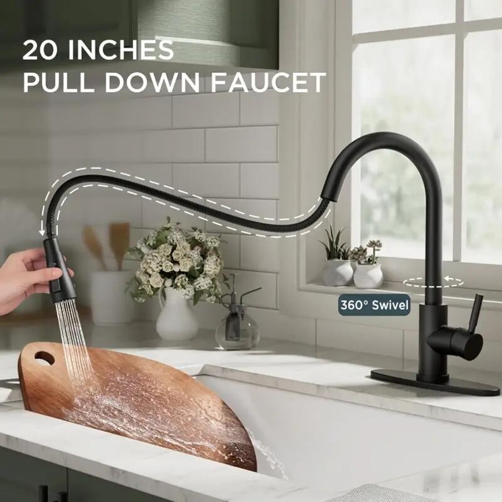 Senlesen High Arc Pull Down Kitchen Faucet with Sprayer and Deck Plate (Matte Black, 15.7 in) v1rit