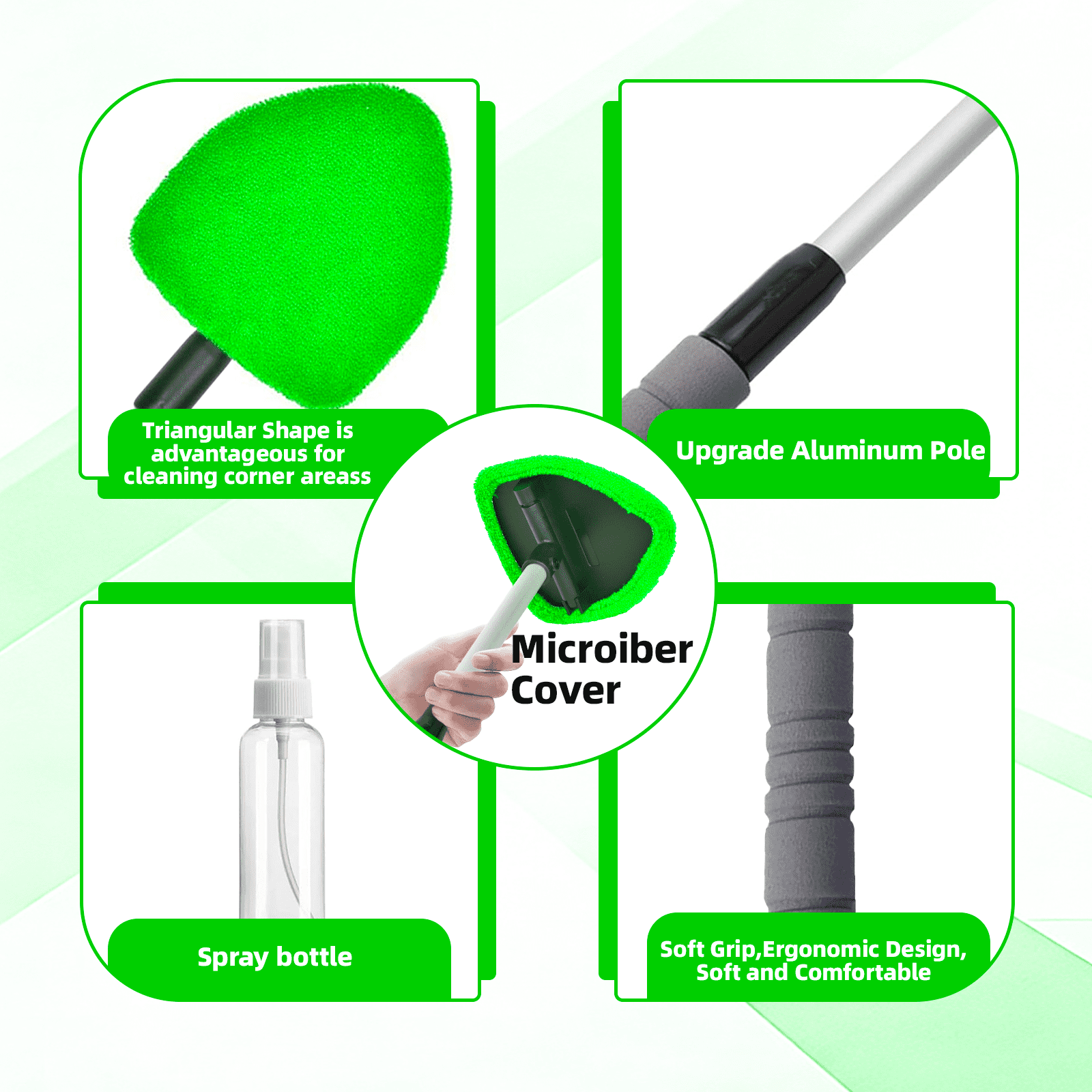 Swartisfad Windshield Cleaning Tool with Extendable Handle and 3 Microfiber Pads (Green, 1 Kit) p7a74