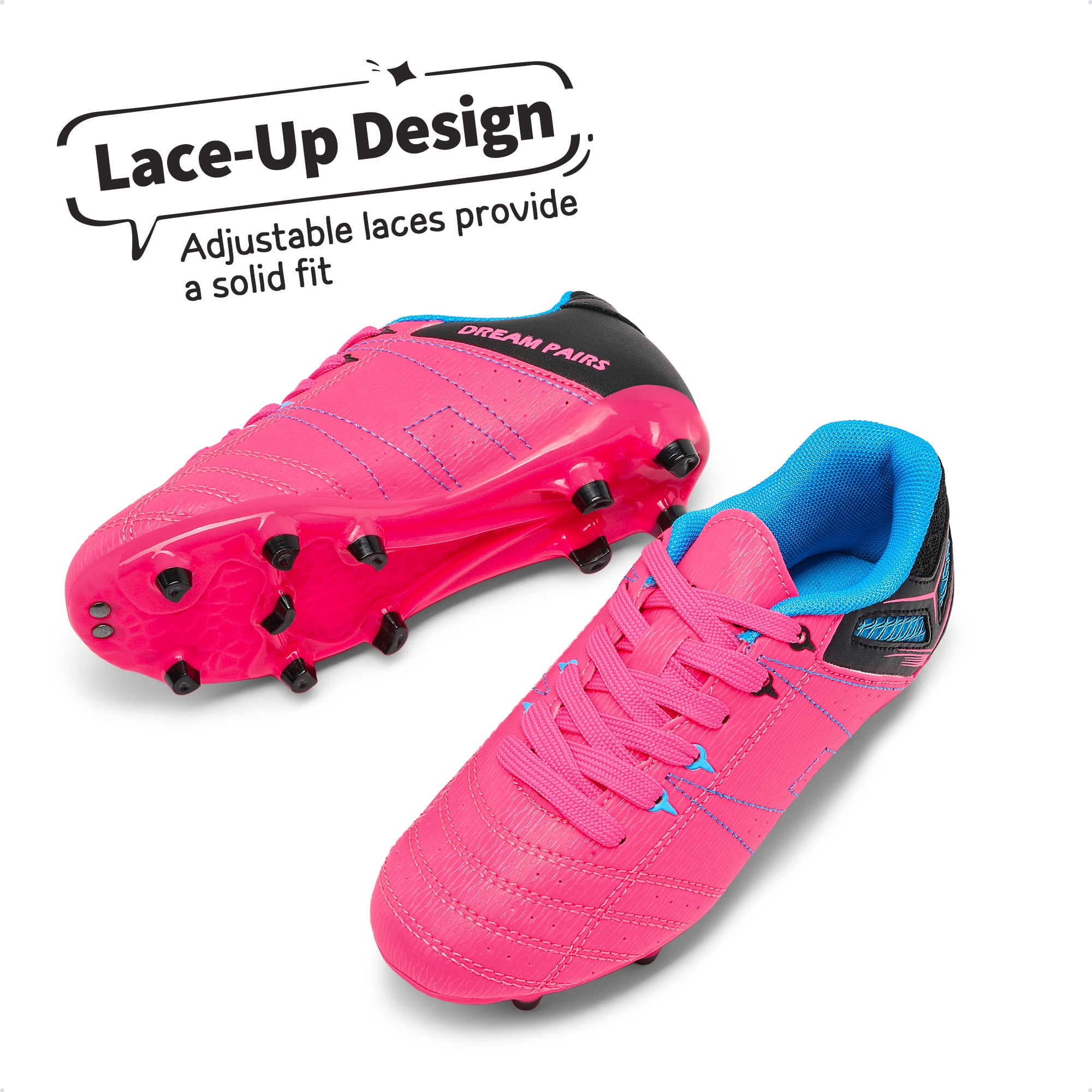 BURUDANI Kids Soccer Cleats Outdoor Athletic Trainers (Fuchsia/Black/Cyan, Size 1) hes2k