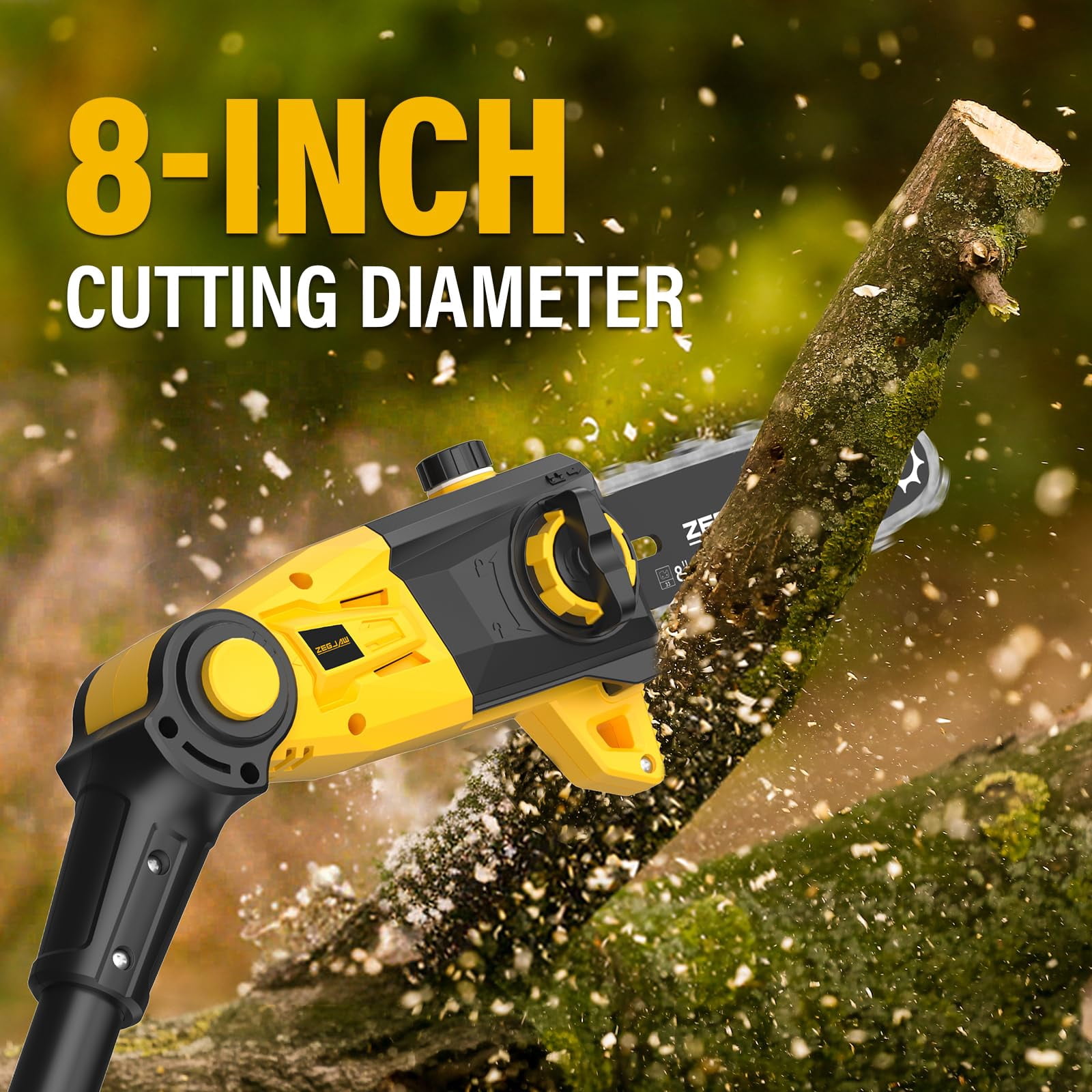 ZEGJAW Cordless Pole Saw for Tree Trimming, Electric Pruning Saw with 8 in Bar, 15 ft Max Reach (Black, 20V Battery & Charger Kit) mm5vz
