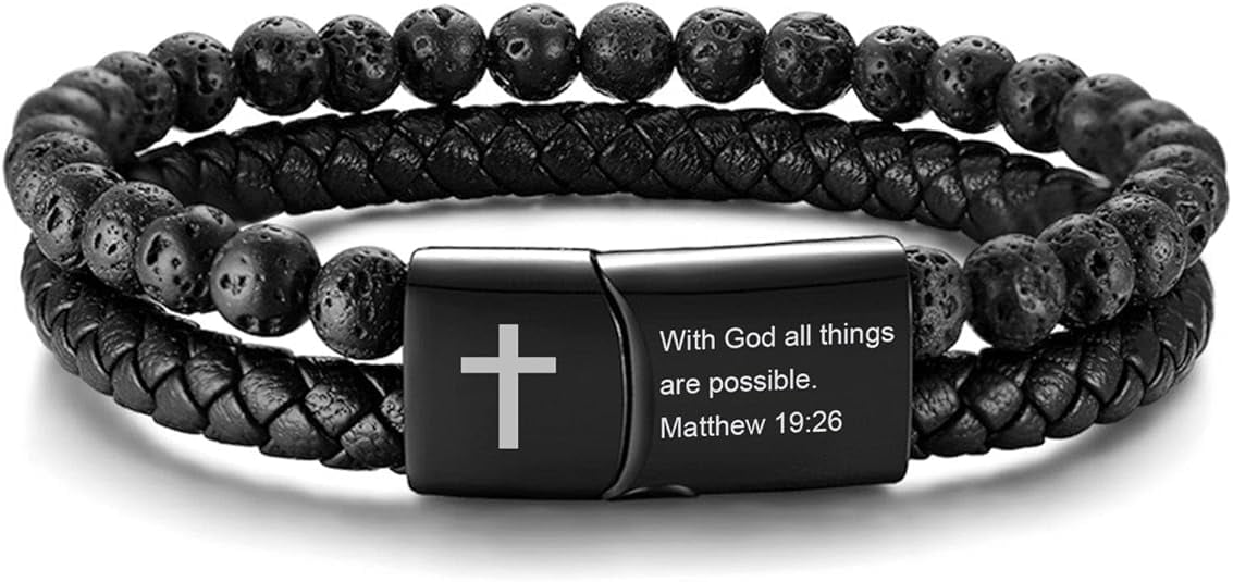 Jewmon Men's Inspirational Bible Verse Bracelet, Lava Rock and Braided Leather Cuff with Magnetic Clasp (Black, 8.5 in) k43q5