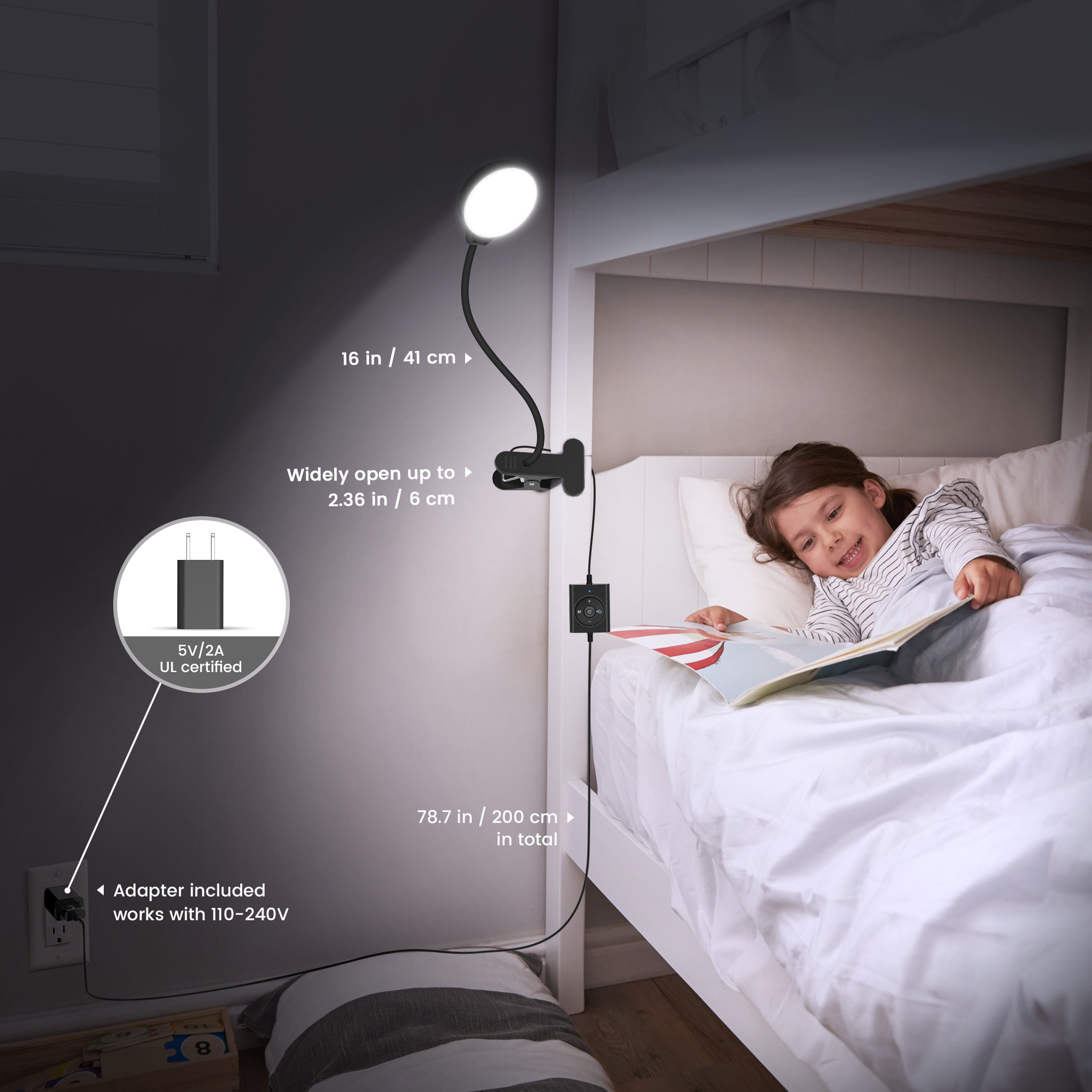 Glocusent 36 LED Clip-on Reading Light, Adjustable Flexible Gooseneck Desk Lamp for Bed Headboard (Black, 78.7 in Cord) kseiy
