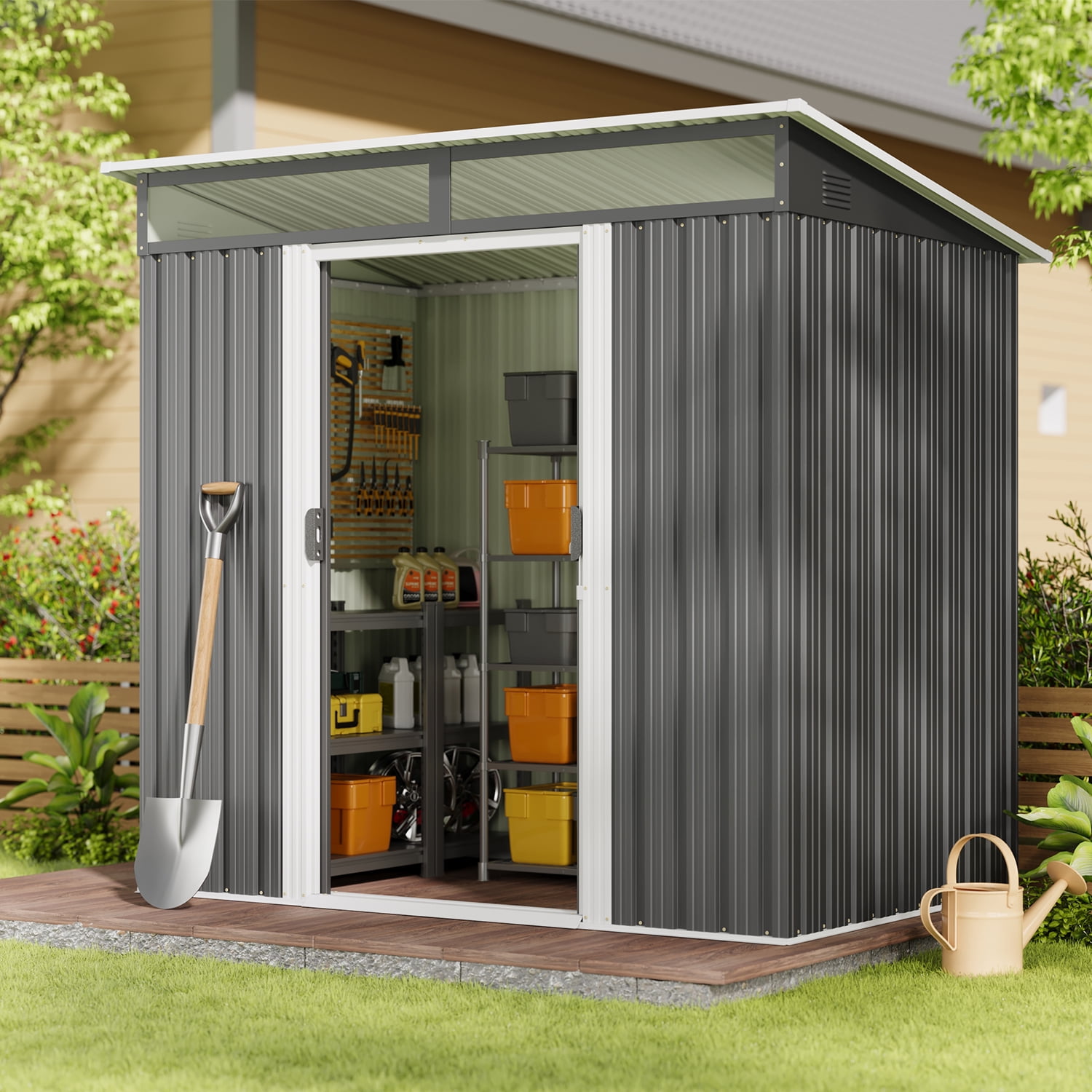 Asofer Heavy-Duty Weatherproof Steel Outdoor Storage Shed with Lockable Door (Dark Gray, 76.8 in x 42.9 in x 77.2 in) gik36