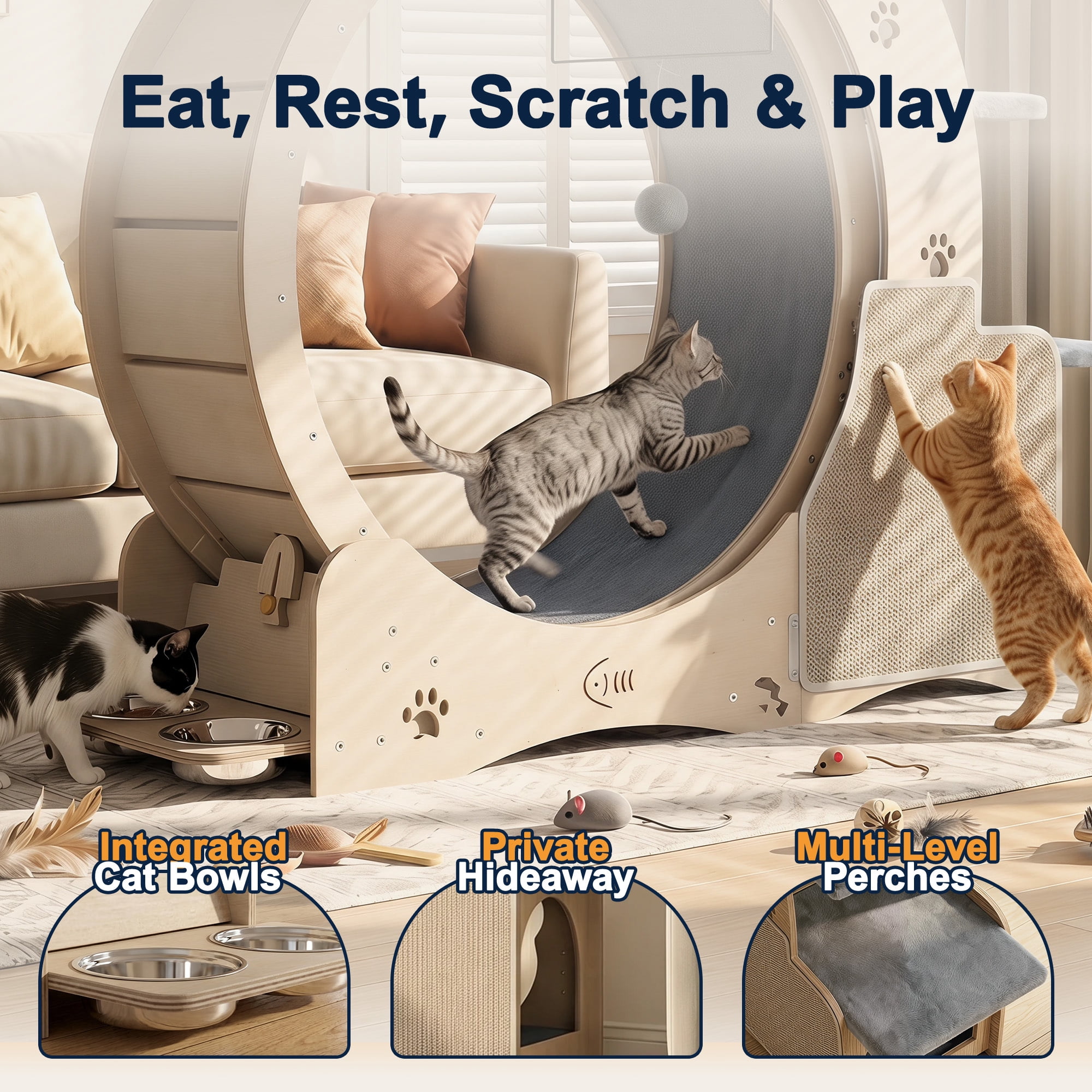 FOOWIN Cat Exercise Wheel, All-in-One Indoor Cat Activity Center with Condo, Scratching Post, and Feeding Bowls (Yellow, 40 in) bf0vp