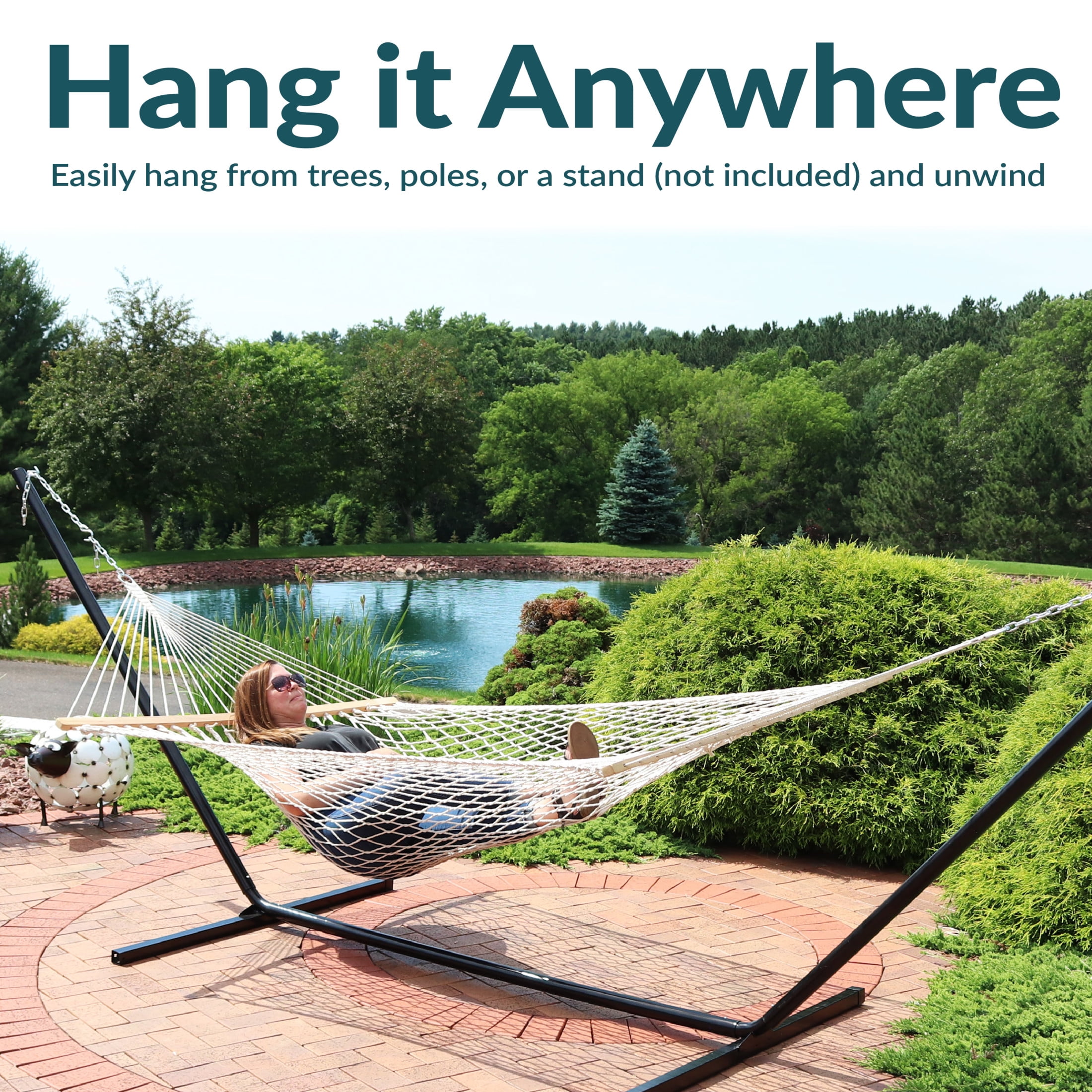 Sunnydaze 2-Person Cotton Rope Spreader Bar Hammock, Heavy-Duty Outdoor Patio Swing (Natural, 74 in x 55 in) 77yke