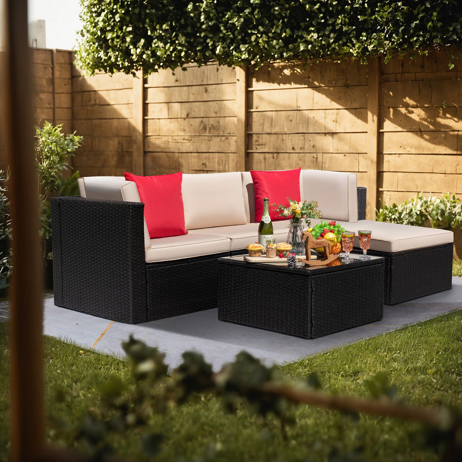 Homall 5-Piece Outdoor Sectional Sofa Set with Tea Table and Ottoman (Beige) 9r9j5