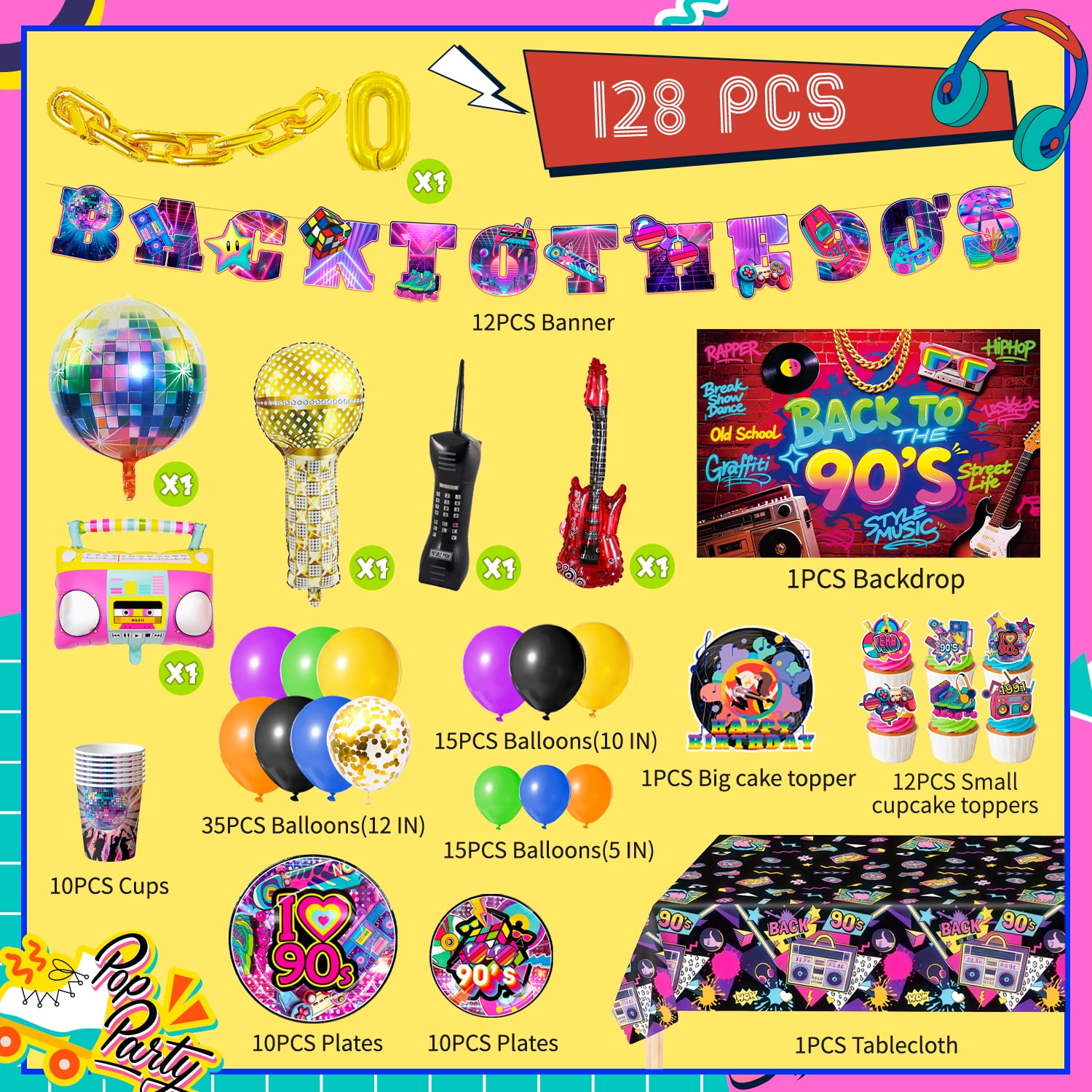 ElifJoyDeco 90s Party Decorations Birthday Supplies Set with Backdrop Balloons and Tableware (128 Pieces) swqdf