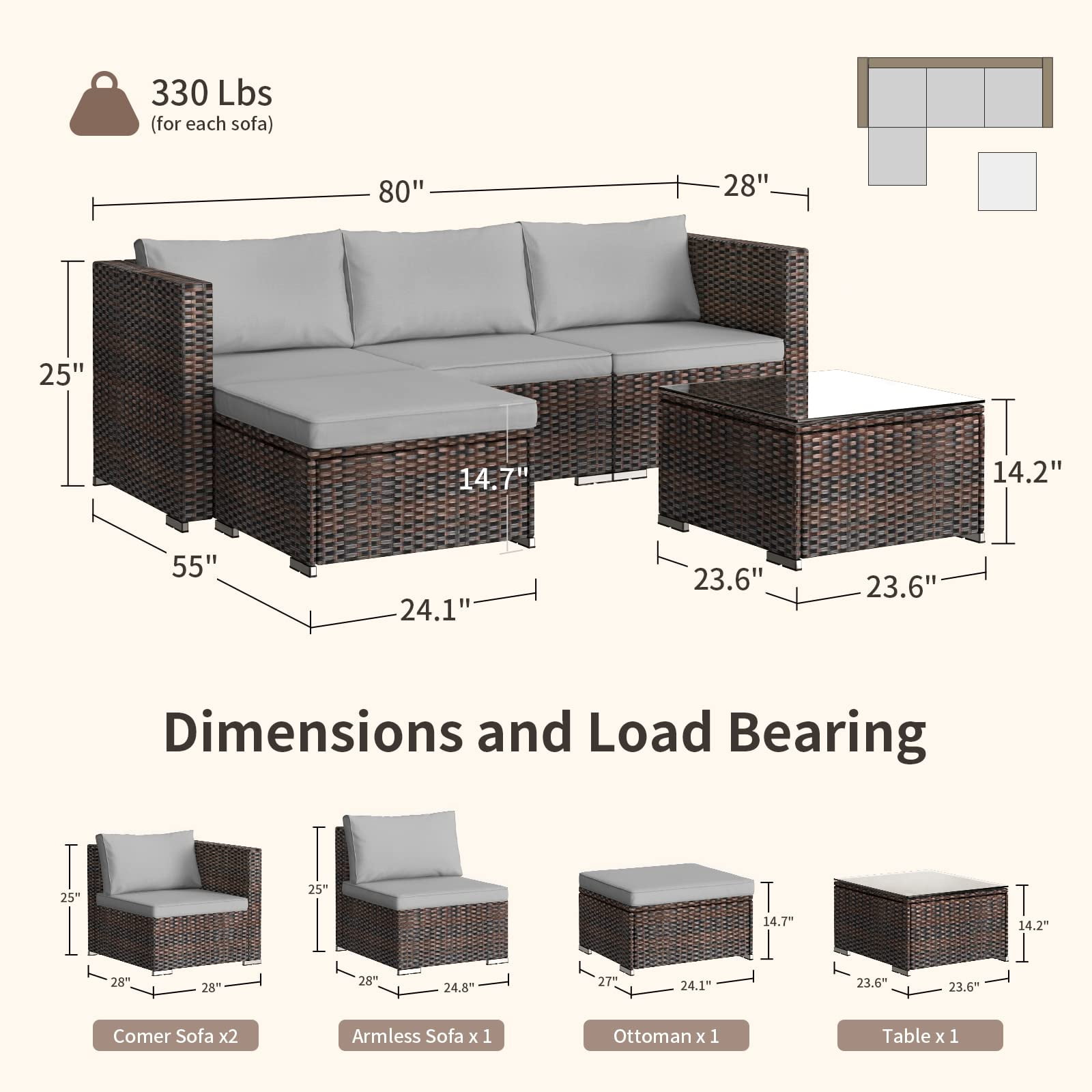 Jolifa 5-Piece Outdoor Wicker Patio Furniture Set with Tempered Glass Table and Cushions (Gray, 5-Piece Set) ihrvp