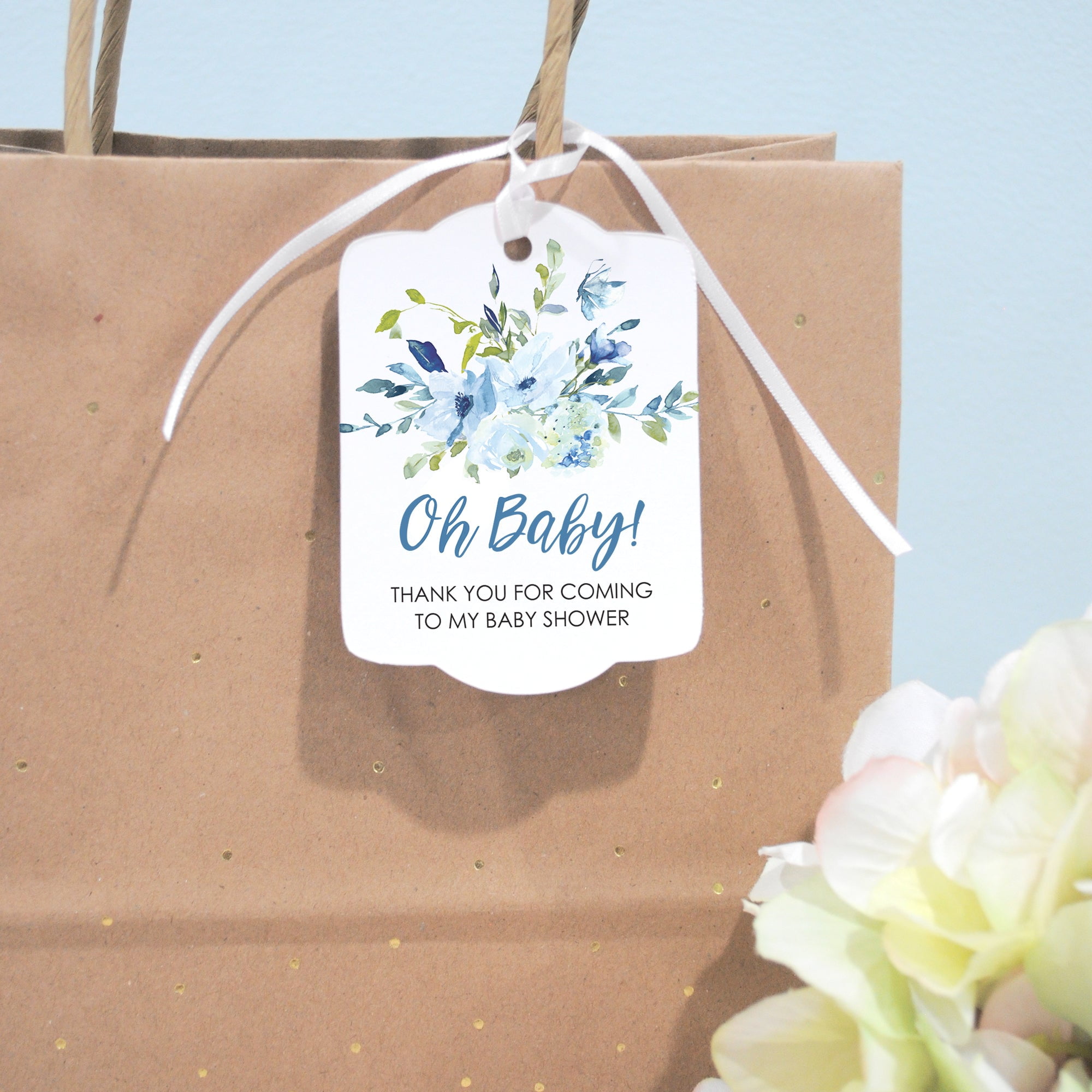 So Sweet Party Shop Baby Shower Favor Tags Blue Floral Rounded (Set of 24) s2qeu