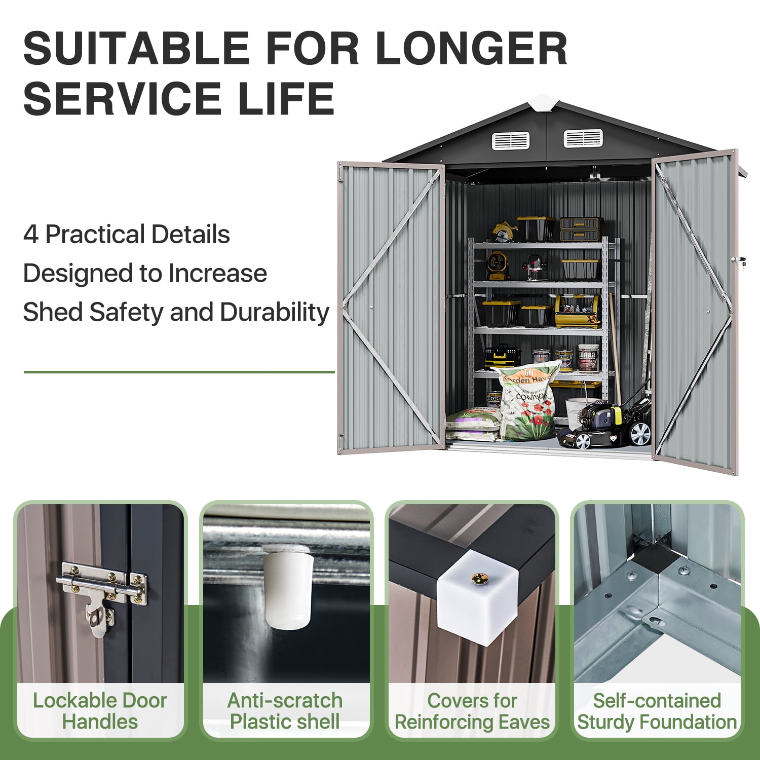 Sunmthink Outdoor Storage Shed, Galvanized Steel Tool Shed with Lockable Door and Vents (Brown, 6 ft x 4 ft) yl3su