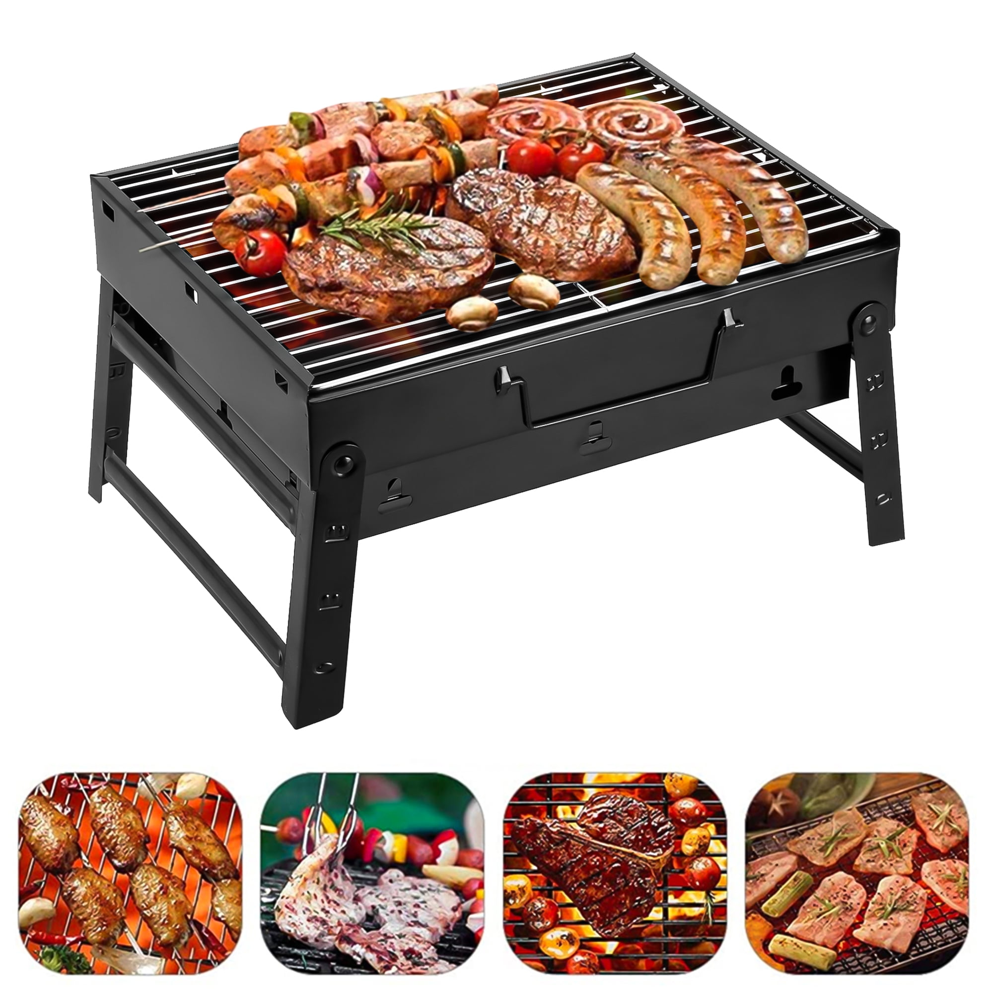 Vowella Portable Folding Charcoal Grill, Compact Stainless Steel Barbecue Set for Camping and Picnics (Black, 17 in x 11 in x 11 in) xr9g8