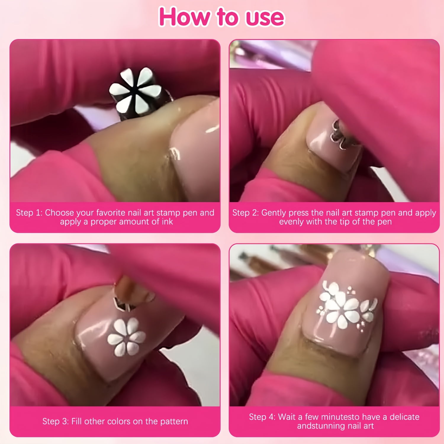 King Finger Nail Art Stamping Pen Set, DIY Manicure Tool Kit with 6 Interchangeable Patterns (Pink, 10 Piece Set) r6wbj - Image 7
