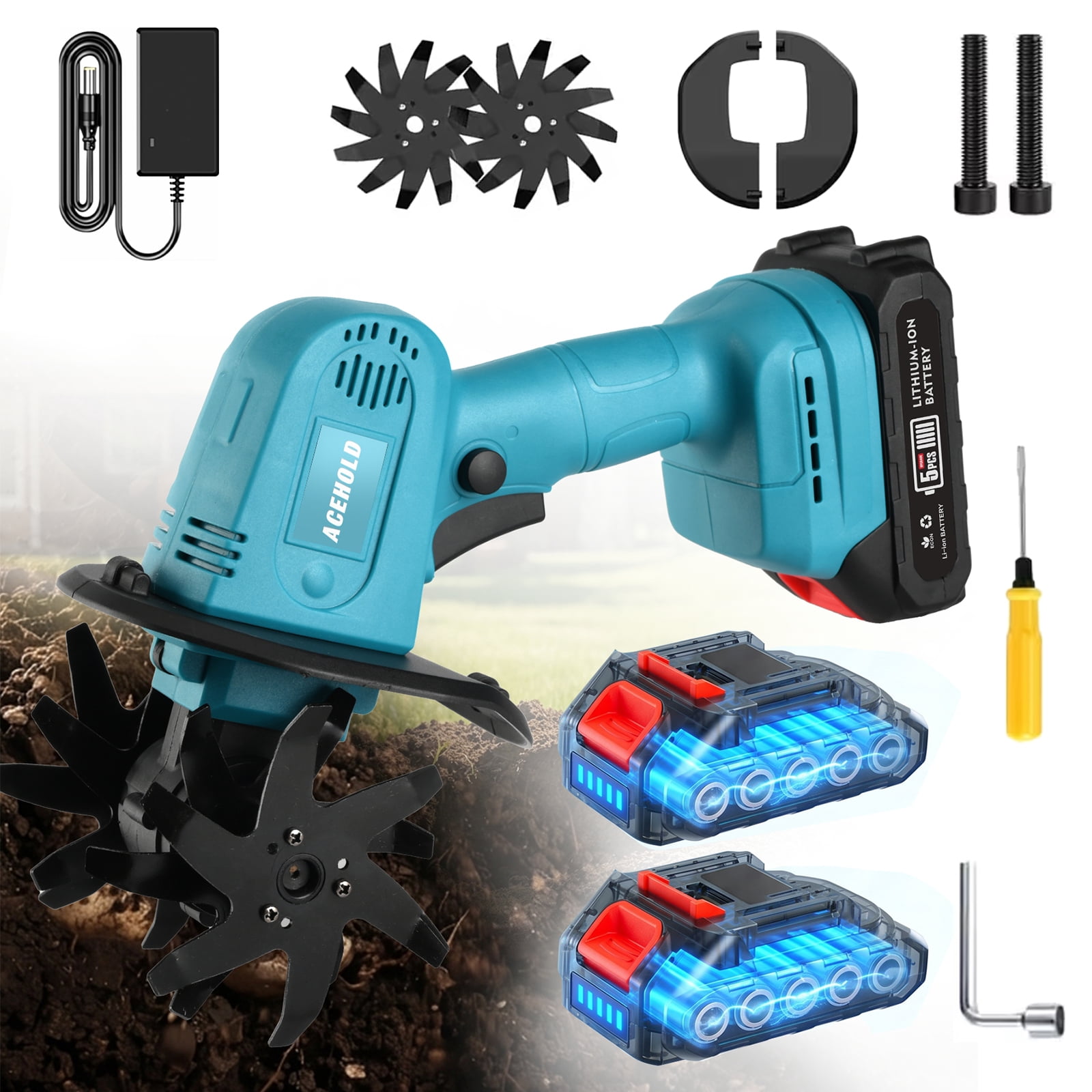 GardenPro Lightweight Handheld Cordless Tiller with Dual Rechargeable Batteries (Blue, 2-Pack) 7tlg8