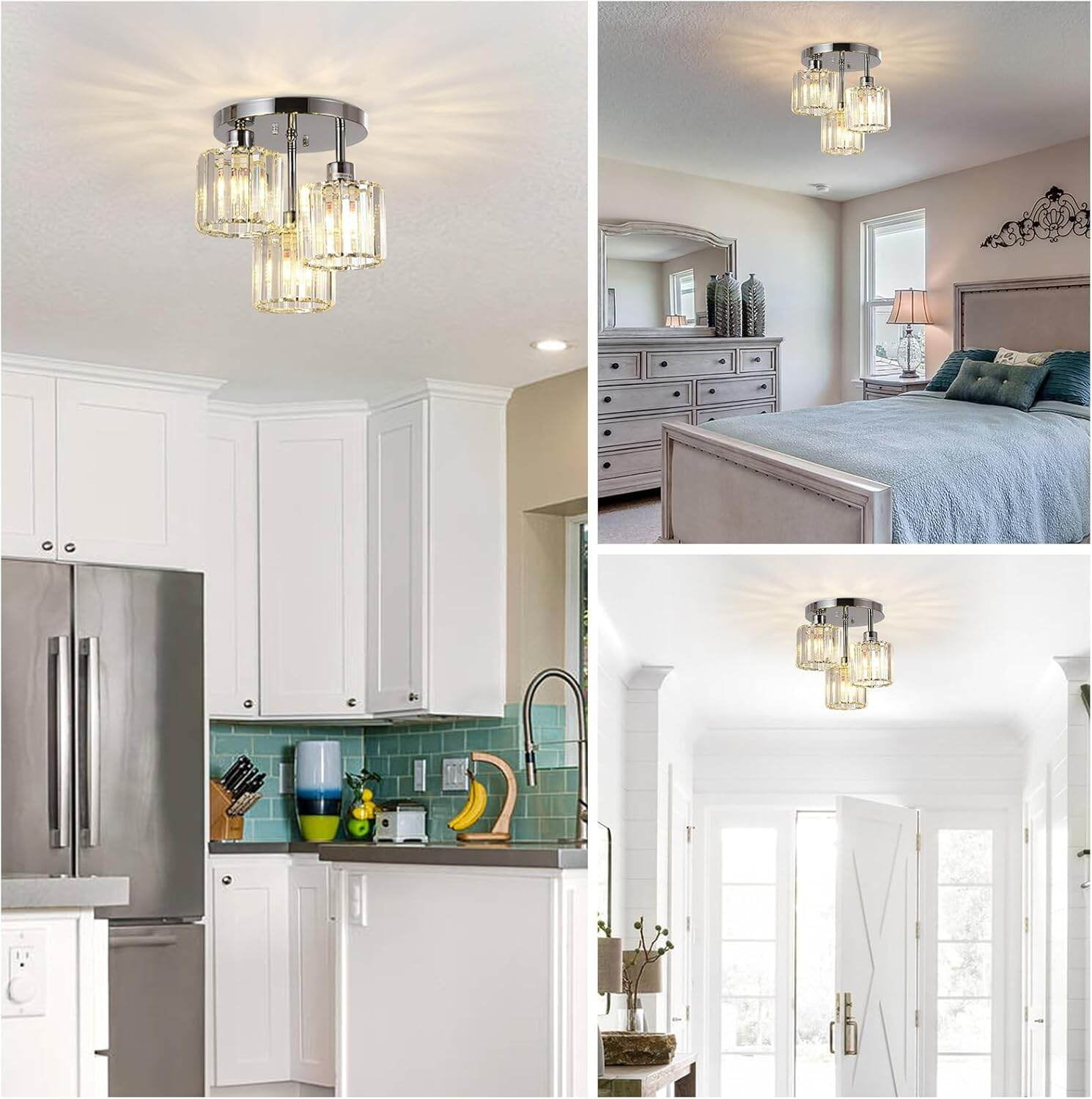PuppyCheer 3-Light Semi Flush Mount Ceiling Fixture, Modern Crystal Chandelier for Kitchen Hallway Bedroom (Clear, 10.6 in H x 10.2 in W) za8lr