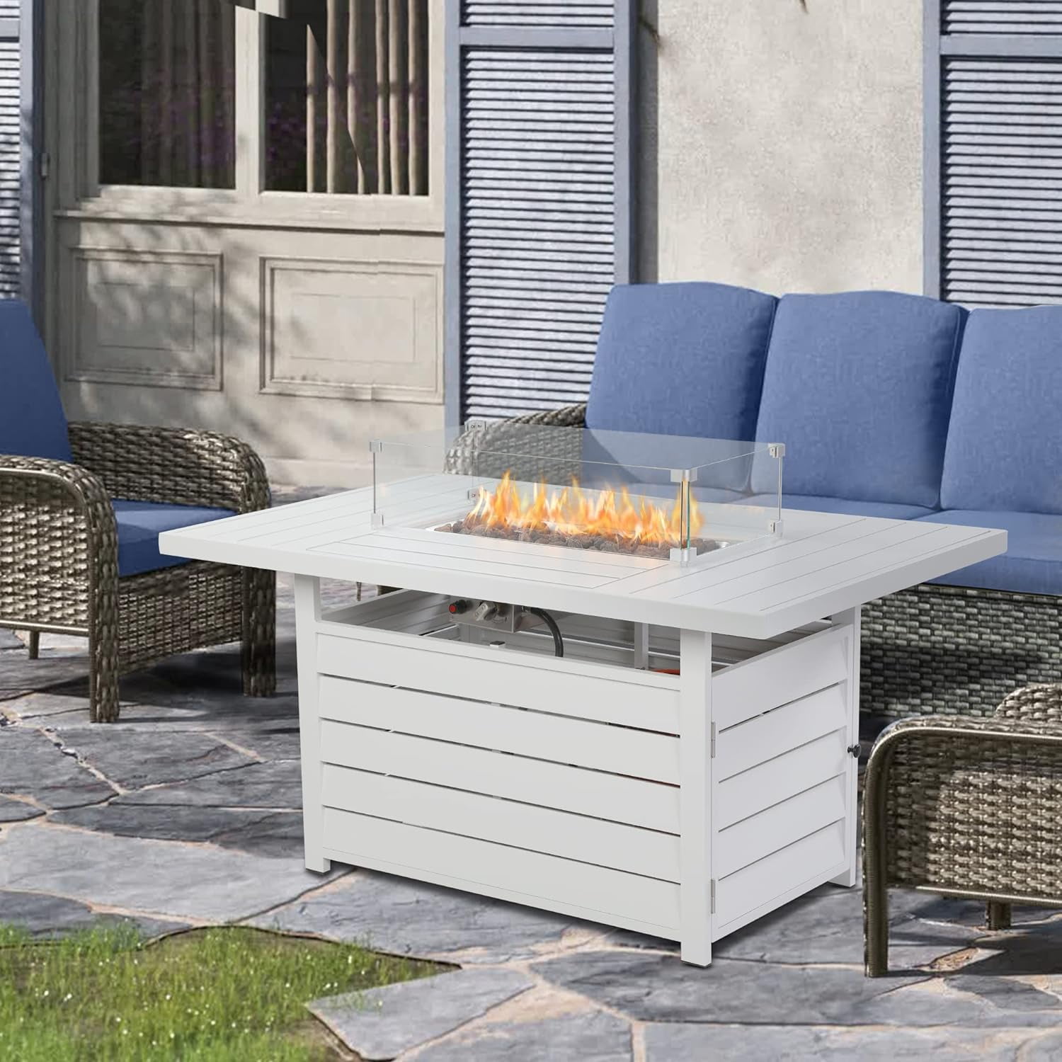 RoyalCarft Outdoor Patio Aluminum Propane Gas Fire Pit Table, 50,000 BTU Rectangular Fire Table with Stainless Steel Burner and Waterproof Cover (White, 54.3 in) v44eq