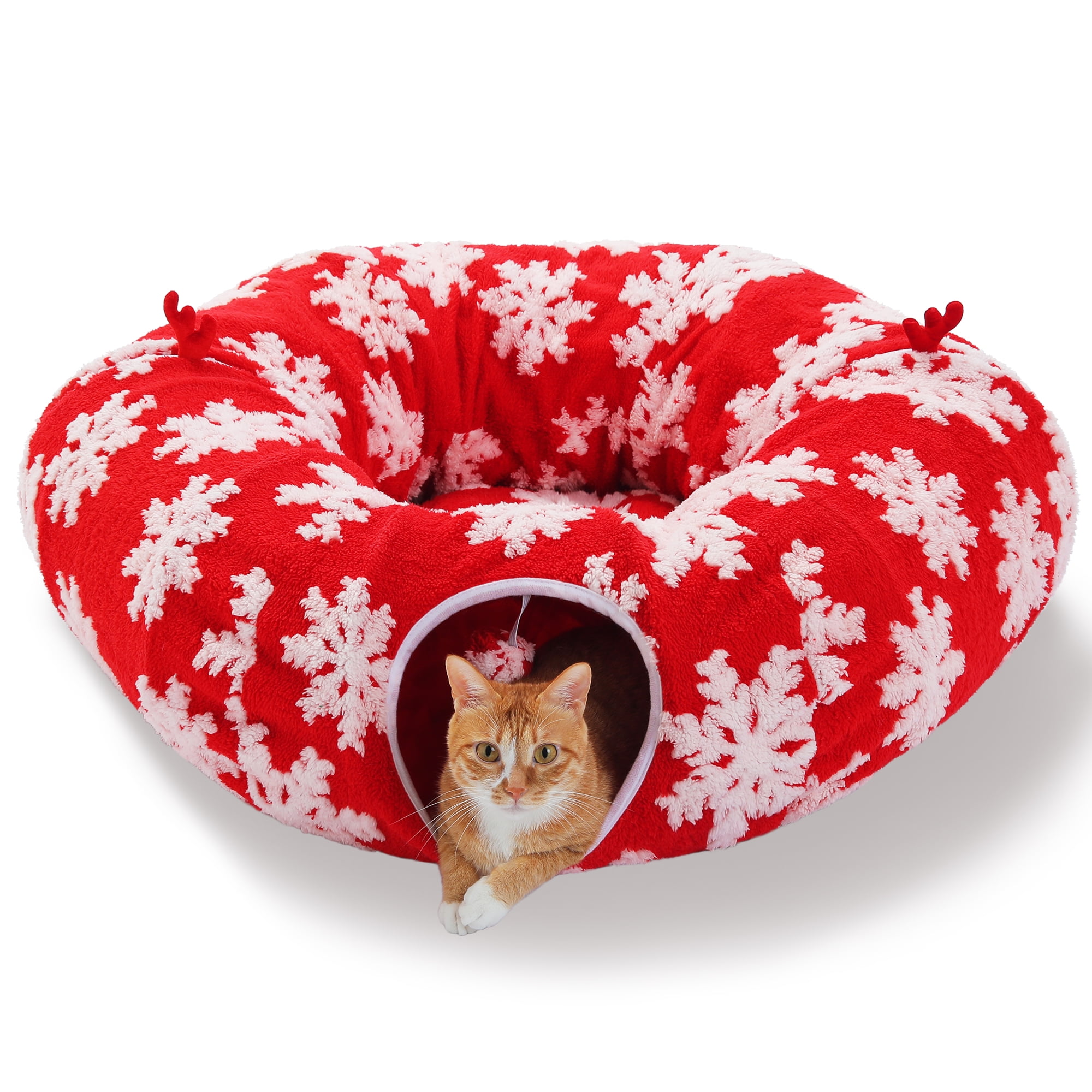 PAWZ Road Christmas Cat Tunnel Bed with Soft Mat and Hanging Toys (Red, 34 in) 3w2e7