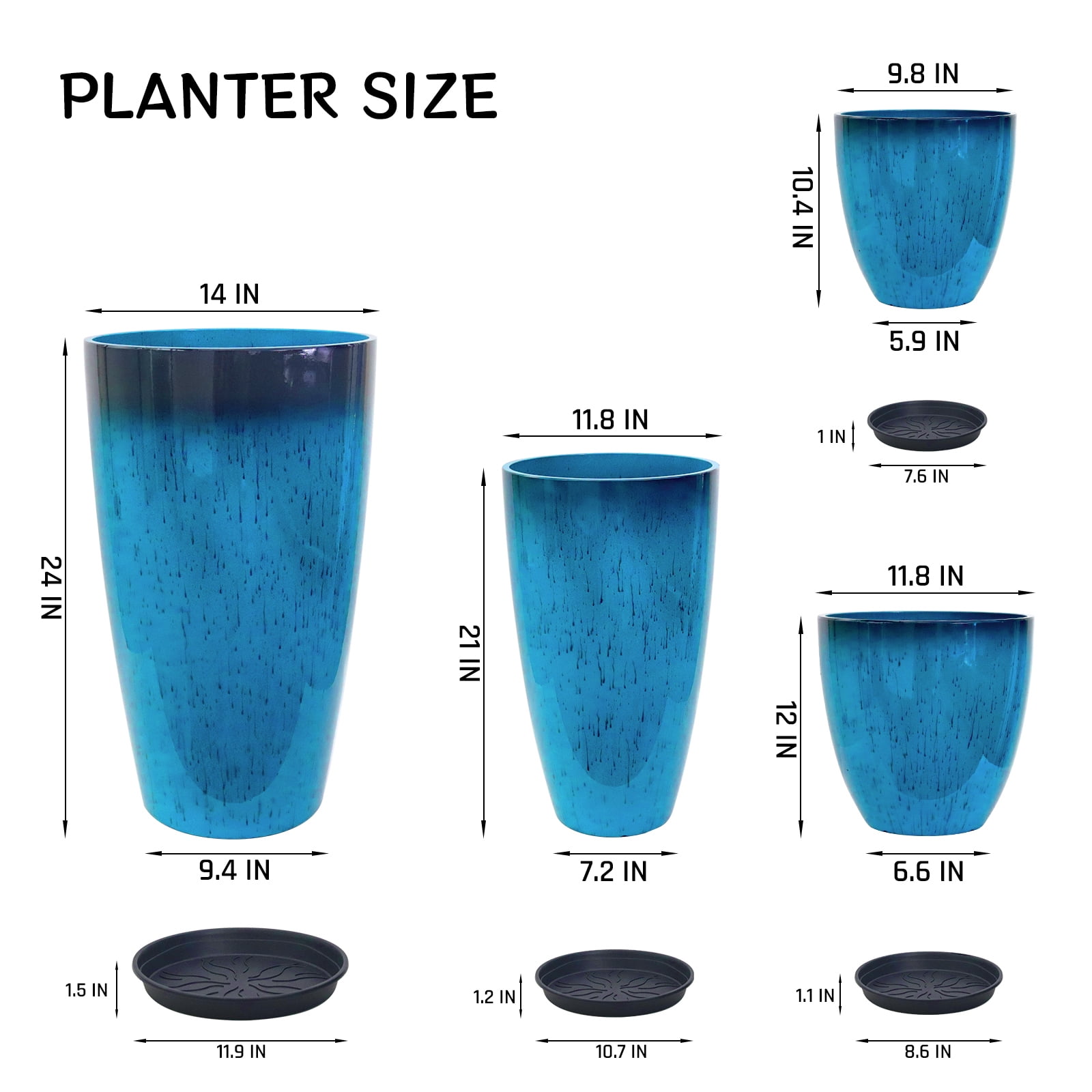 Fiason 4-Piece Tall Planter Set, Weatherproof Plastic Flower Pots with Drainage Holes and Mesh Filter (Blue, 24 in, 21 in, 12 in, 10 in) 1fcjk