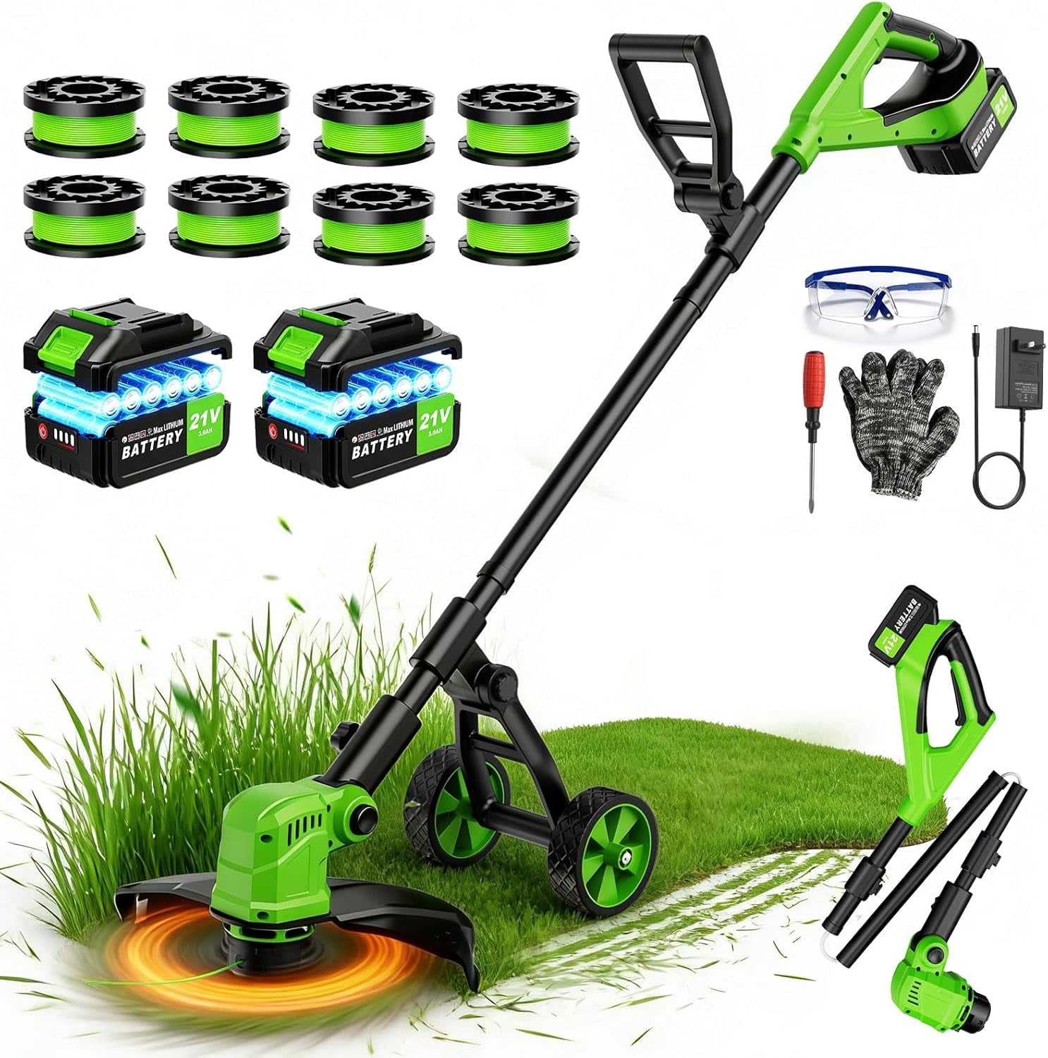 Fovendi 12-inch Cordless String Trimmer and Edger with 8 Replacement Spools (Green, 4.0 lb) 1r6ch