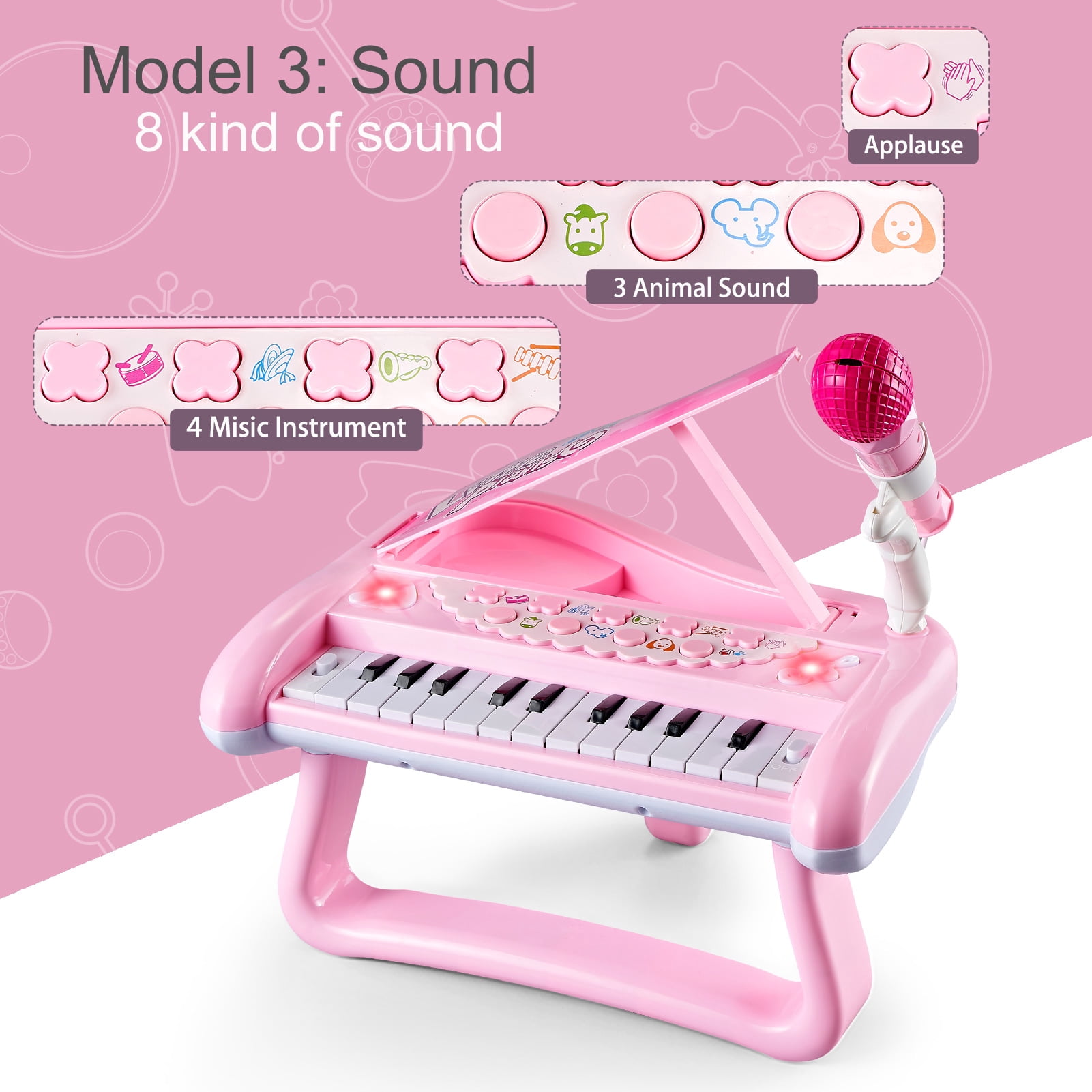 Tepear Musical Keyboard Piano Toy for Toddlers, 22-Key Educational Instrument with Microphone (Pink, 15 in x 8 in) 61jsc