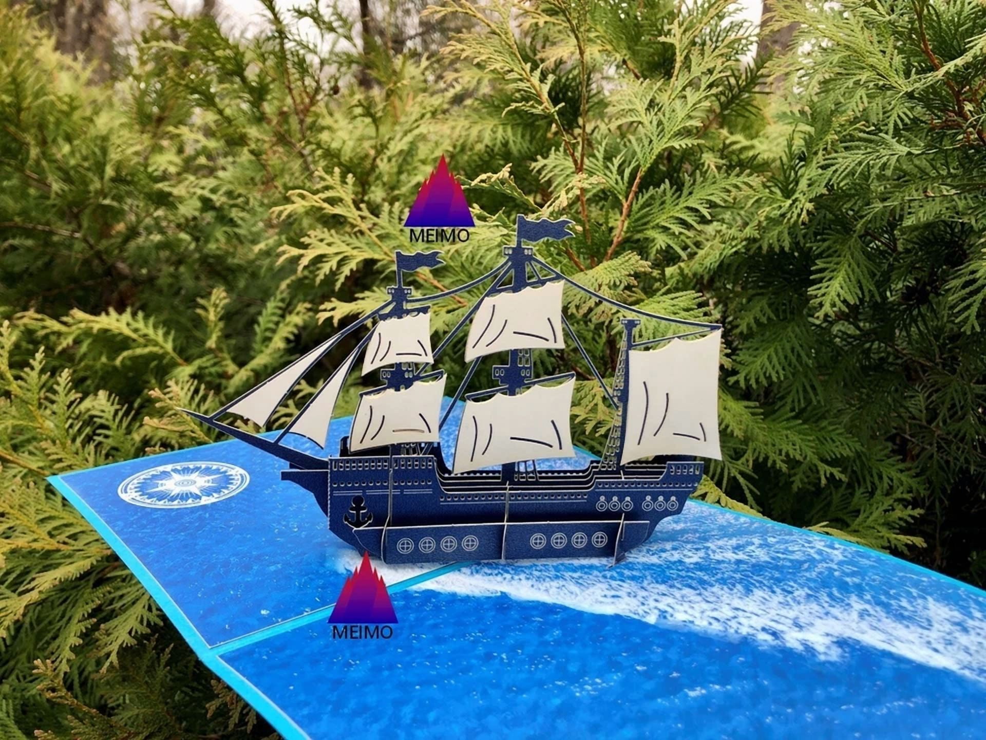 VAULT 3D Pop Up Greeting Card Sailing Ship Ocean Theme for Birthday Vacation Adventure (1 Count) 1qrxi