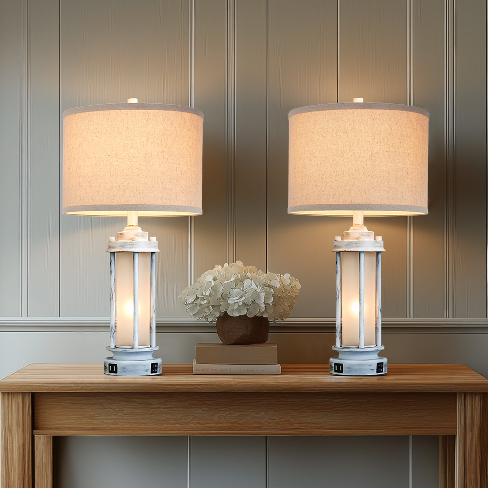 JUJUYUYOP Modern Farmhouse Table Lamps with USB Charging Ports and Night Light (White, Set of 2, 25 in) a3avo