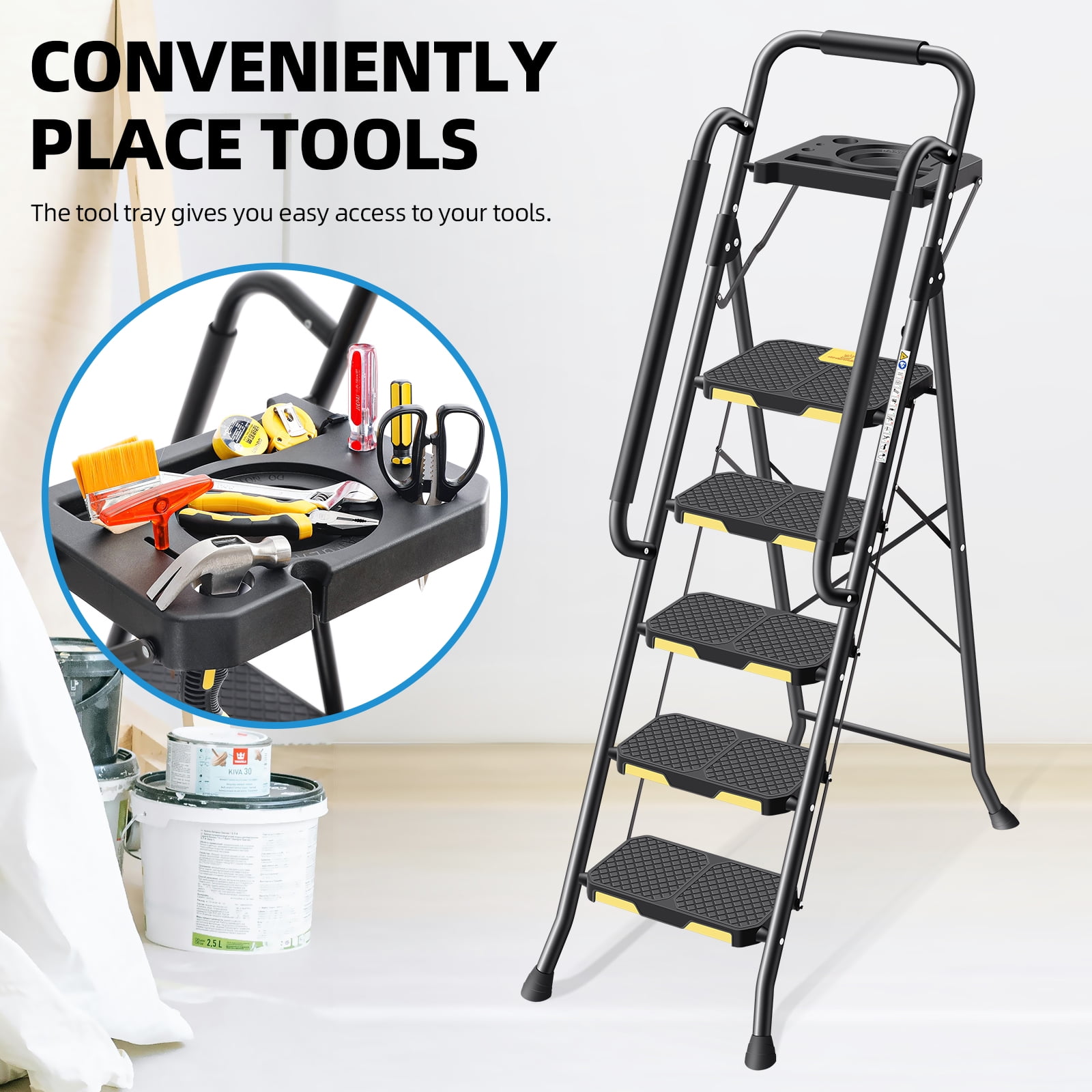 KINGRACK 5 Step Folding Ladder, Heavy-Duty Steel Step Stool with Tool Tray and Anti-Slip Pedals (Black, 800 lb Capacity) mvhq5