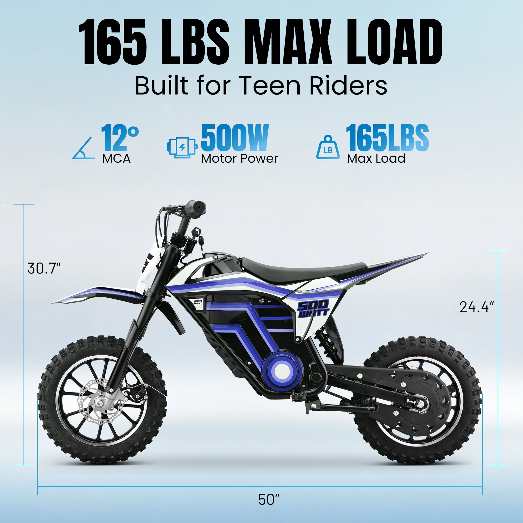 QEASET Electric Dirt Bike, 500W Off-Road Motorbike for Kids, Dual Suspension (Blue, 150 lb Capacity) mhvdp