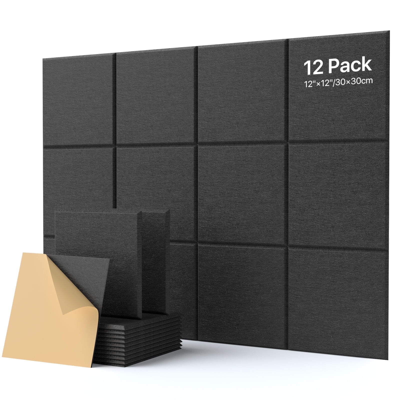 Soundsbay Soundproof Wall Panels Self-Adhesive Noise Cancelling Acoustic Tiles for Home Studio (Black, 12 Pack, 12 in x 12 in) ck77g