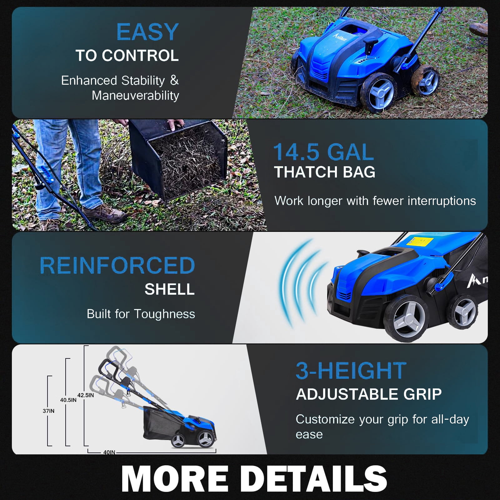 ANLIBATT 16 in Electric Dethatcher and Scarifier 15 Amp 2-in-1 Lawn Rake with 14.5 Gallon Collection Bag (Blue) 4mjch