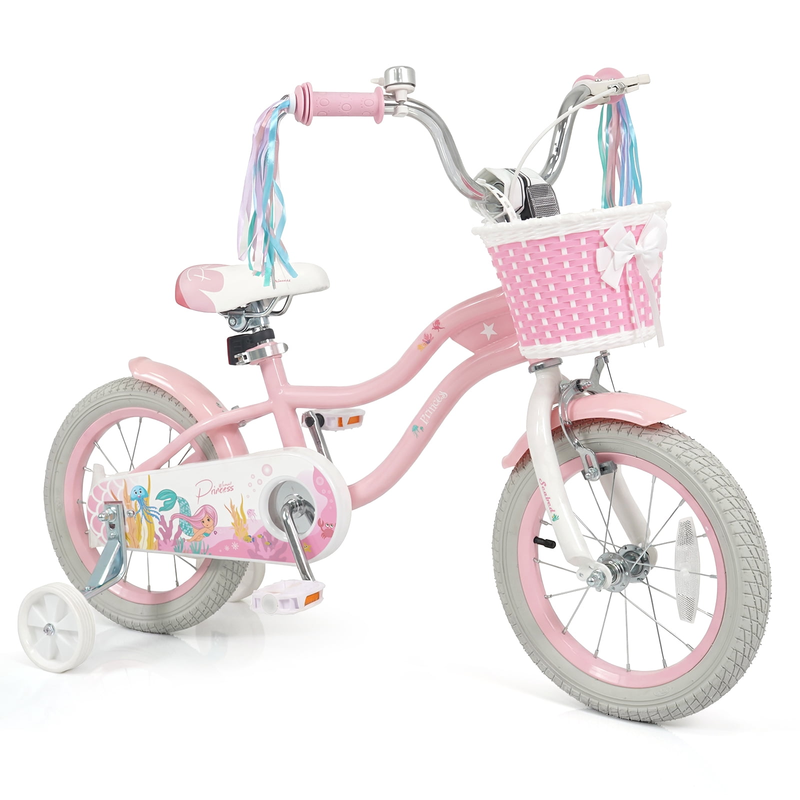 Costway 14 in Kids Bike with Training Wheels and Basket (Pink, 14 in) 78kbm