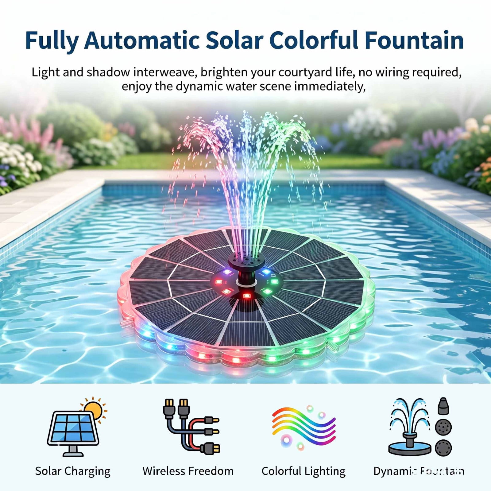 Flyylvoe Solar Bubbler Fountain with LED Lights (Floating Water Pump, 6 Spray Nozzles, 25.6 in Max Height) 8mdp9