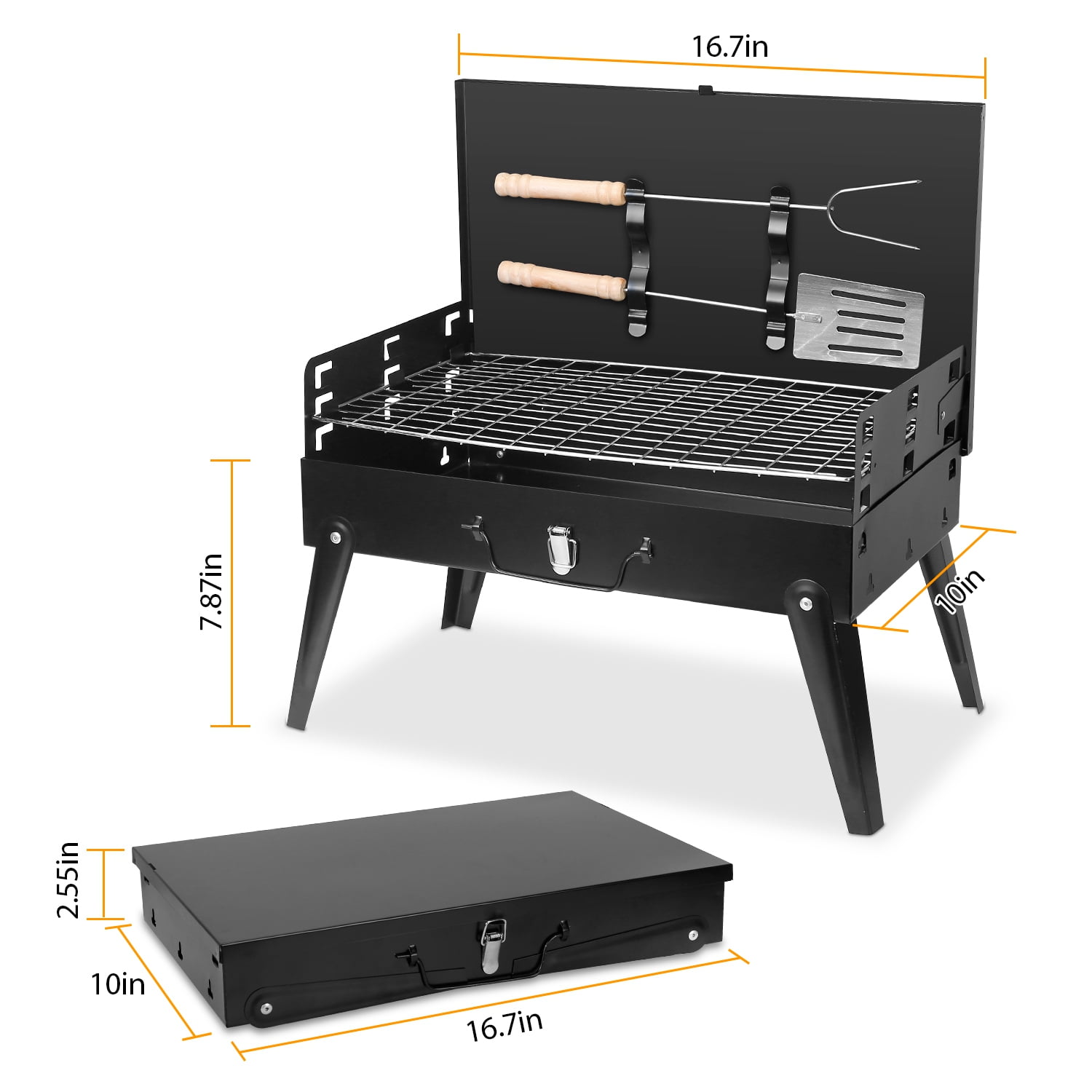 TeqHome Portable Charcoal Grill Foldable Tabletop BBQ for Camping Picnic (Black, 16.7x10x17.7 in) 2c8un