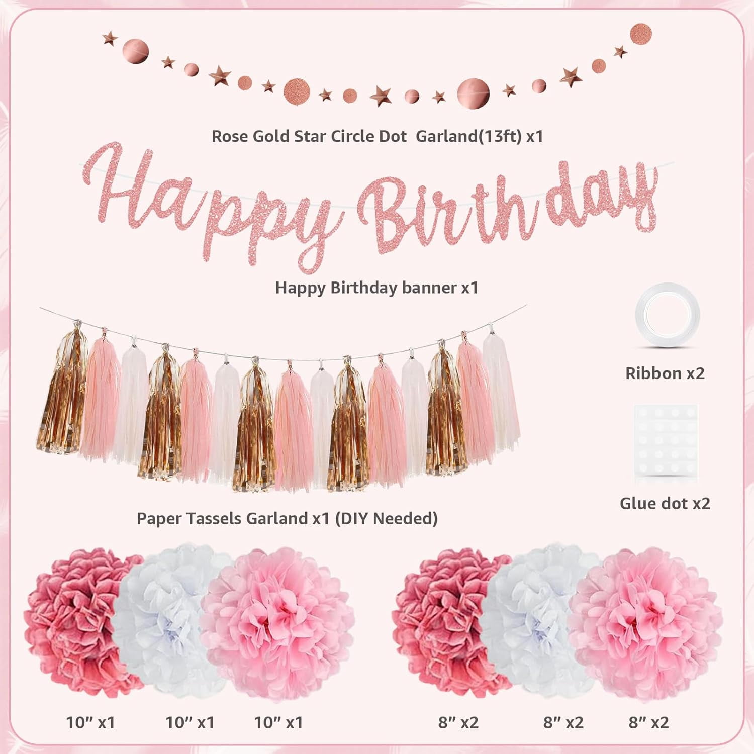 LeeHaven Birthday Party Decorations Set, Rose Gold Glittery Banner and Paper Garland Kit (Pink, 1 Set) 4cot3