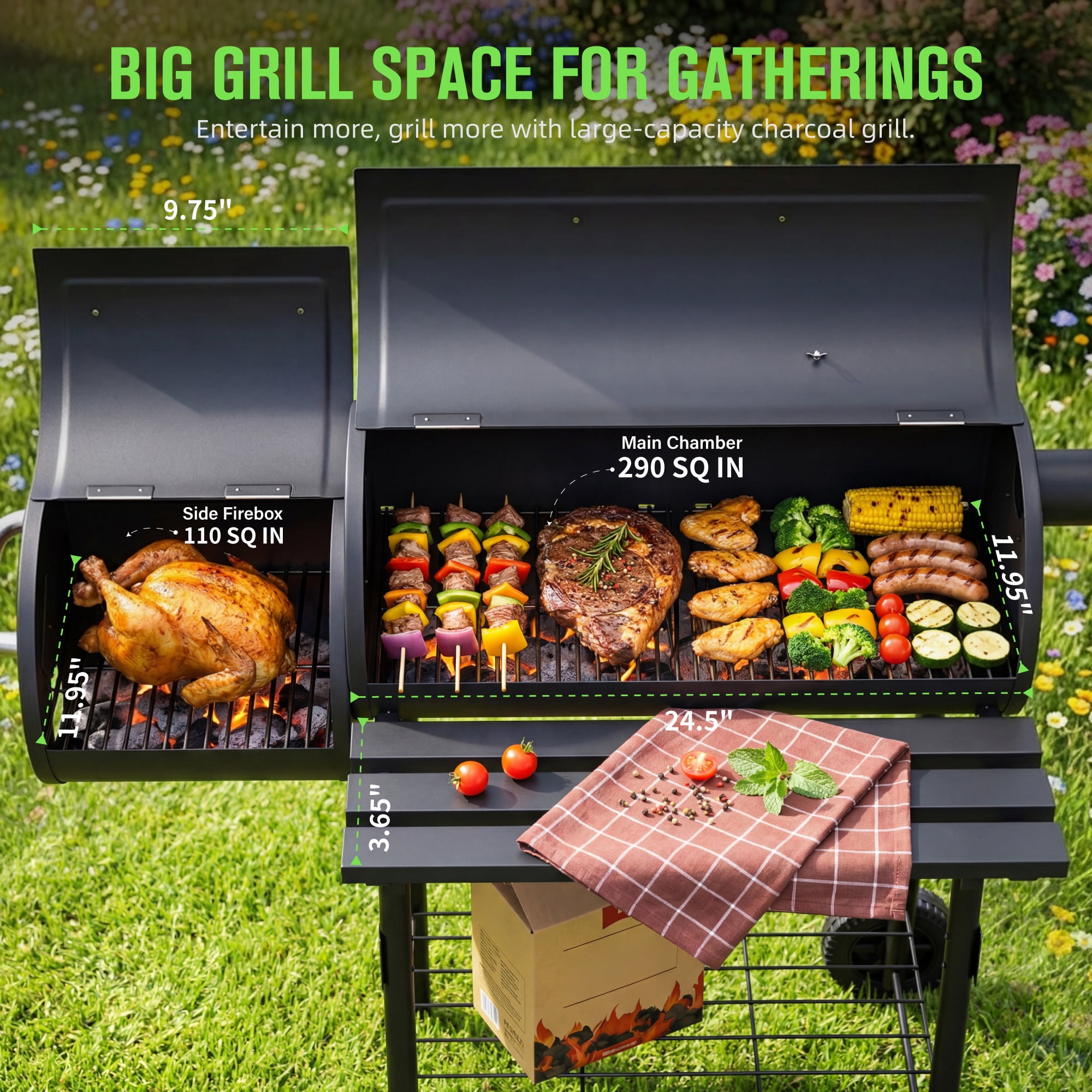 Vebreda Charcoal Grill with Offset Smoker, Heavy-Duty BBQ Barrel Grill for Outdoor Patio Cooking (Black, 44 in) ob4sj