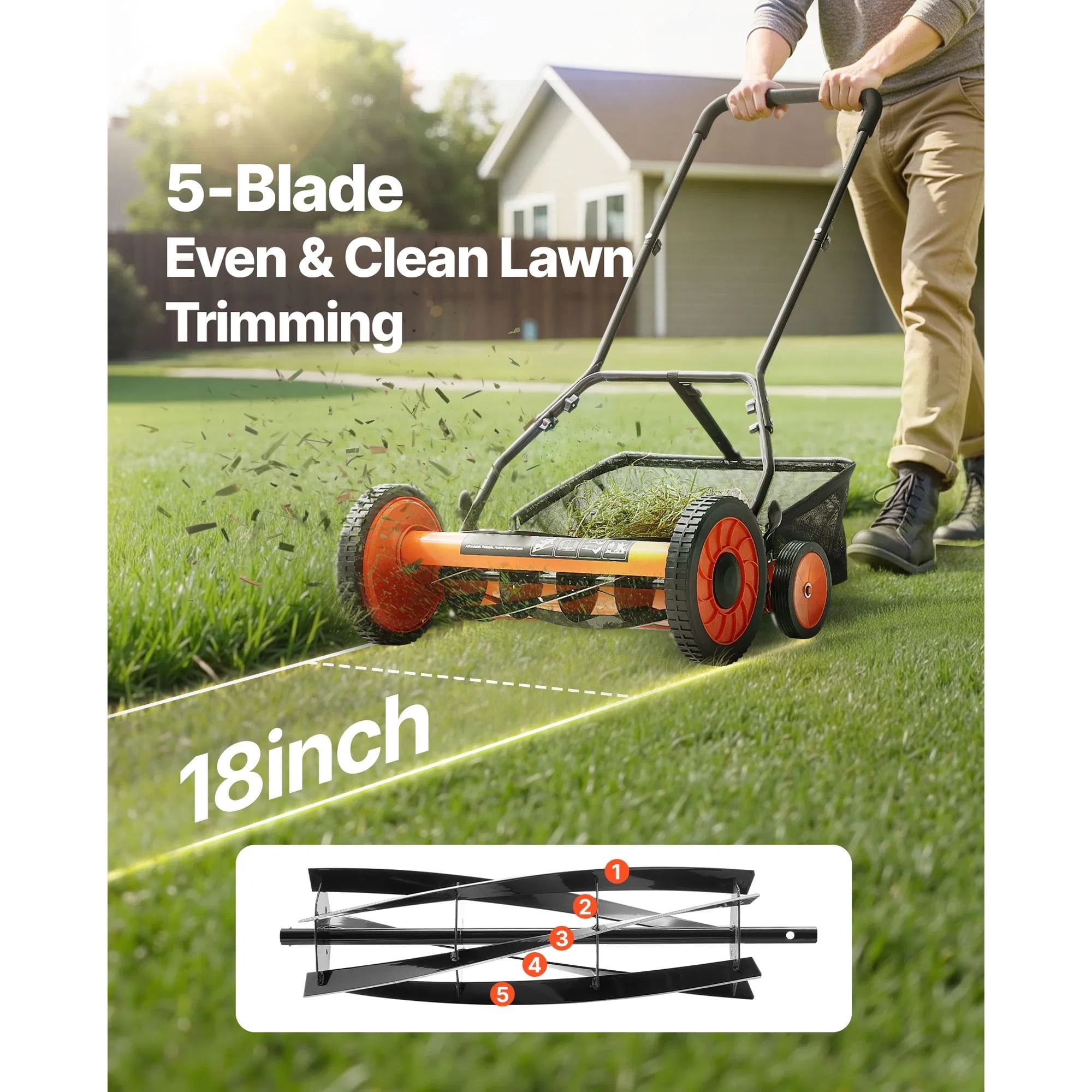 Generic Push Reel Lawn Mower, 5-Blade Manual Walk-Behind Mower with Grass Catcher Bag (Green, 18 in) w1hda