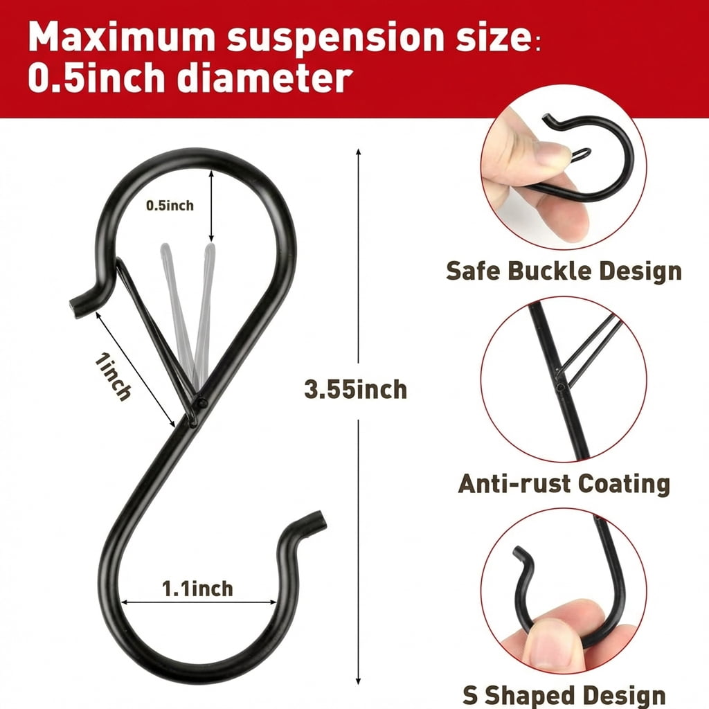 Pupug Heavy Duty S Hooks with Safety Buckle for Kitchen and Closet Organization (Black, 15 Pack, 3.5 in) sypok