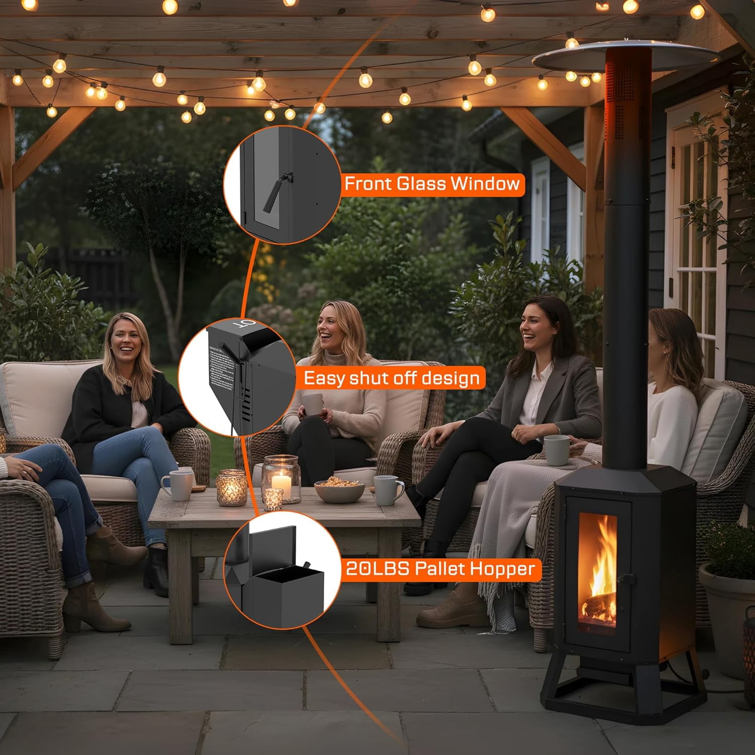 HEATAK Outdoor Wood Pellet Patio Heater, 70,000 BTU Freestanding Backyard Heater (Black, 79.9 in H x 26 in L x 65.5 in W) uzppj