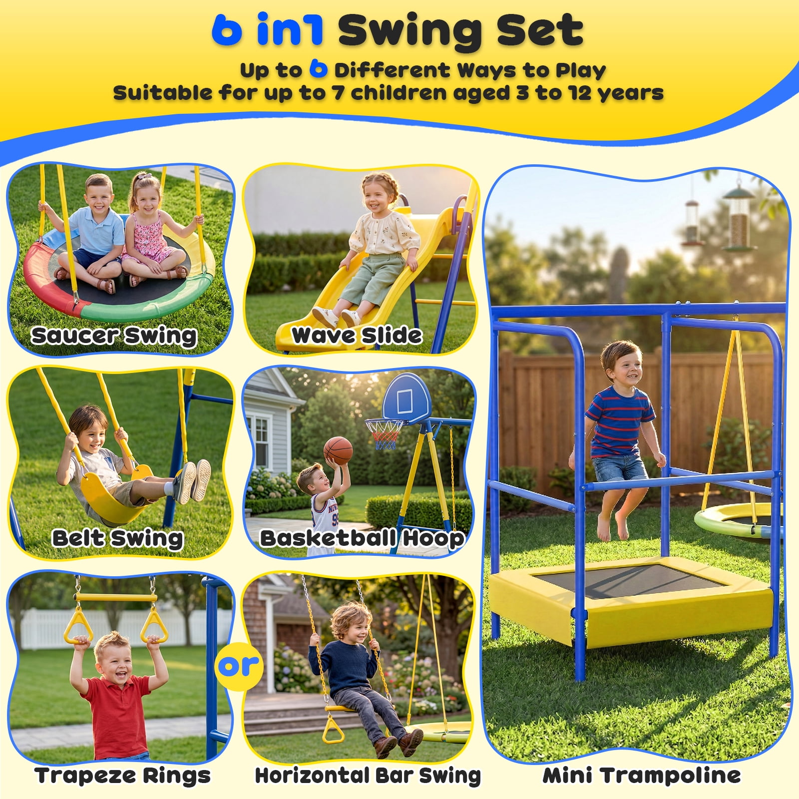 Gardwin Metal Swing Set with Trampoline and Slide (Yellow, 1000 lb Capacity) 9y98a