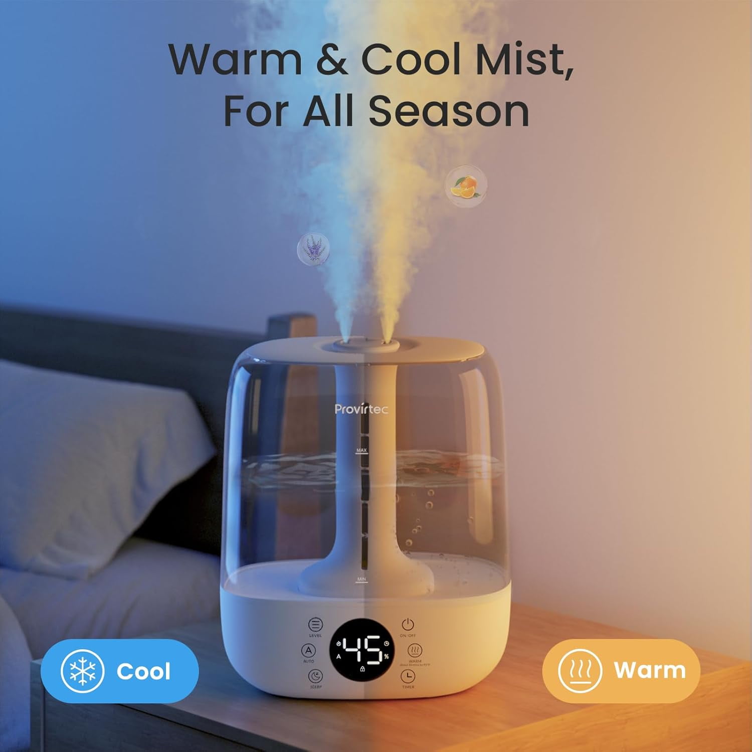 Provirtec Ultrasonic Humidifier for Large Rooms, Warm & Cool Mist, Top Fill, Remote Control (White, 6L) aeos1