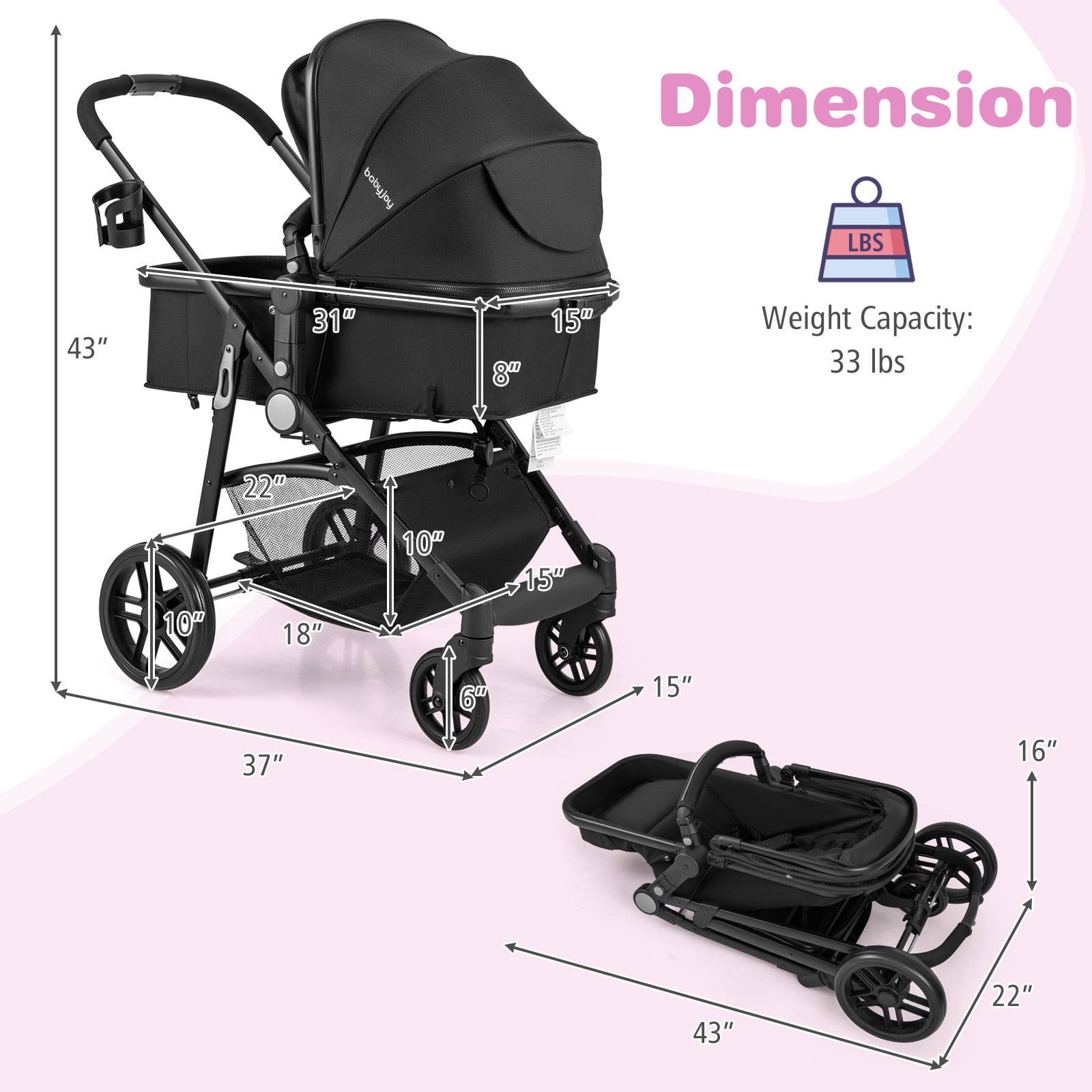 Costway 2-in-1 Foldable Baby Stroller Travel Pushchair with Adjustable Backrest (Black, 22 lb) 21eds